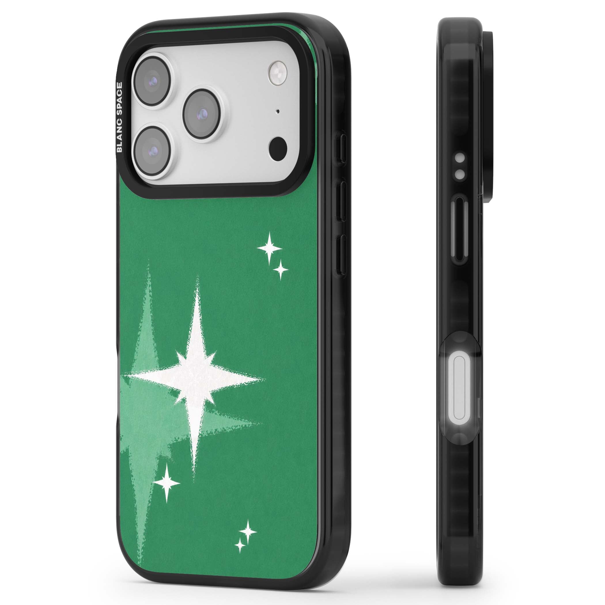 Green Sparkle celestial iPhone case featuring sparkling white four-point stars on a deep green background | Black Impact Magsafe case for iPhone 17 Pro, iPhone 17 Pro Max