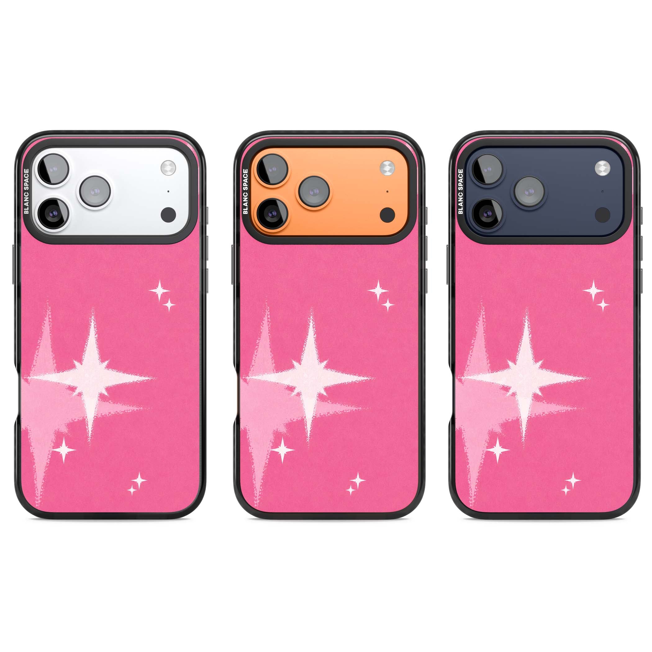 Pink Sparkle Y2K iPhone case featuring hot pink background with shimmering white starburst pattern | Black Impact Magsafe case for iPhone 17 Pro, iPhone 17 Pro Max