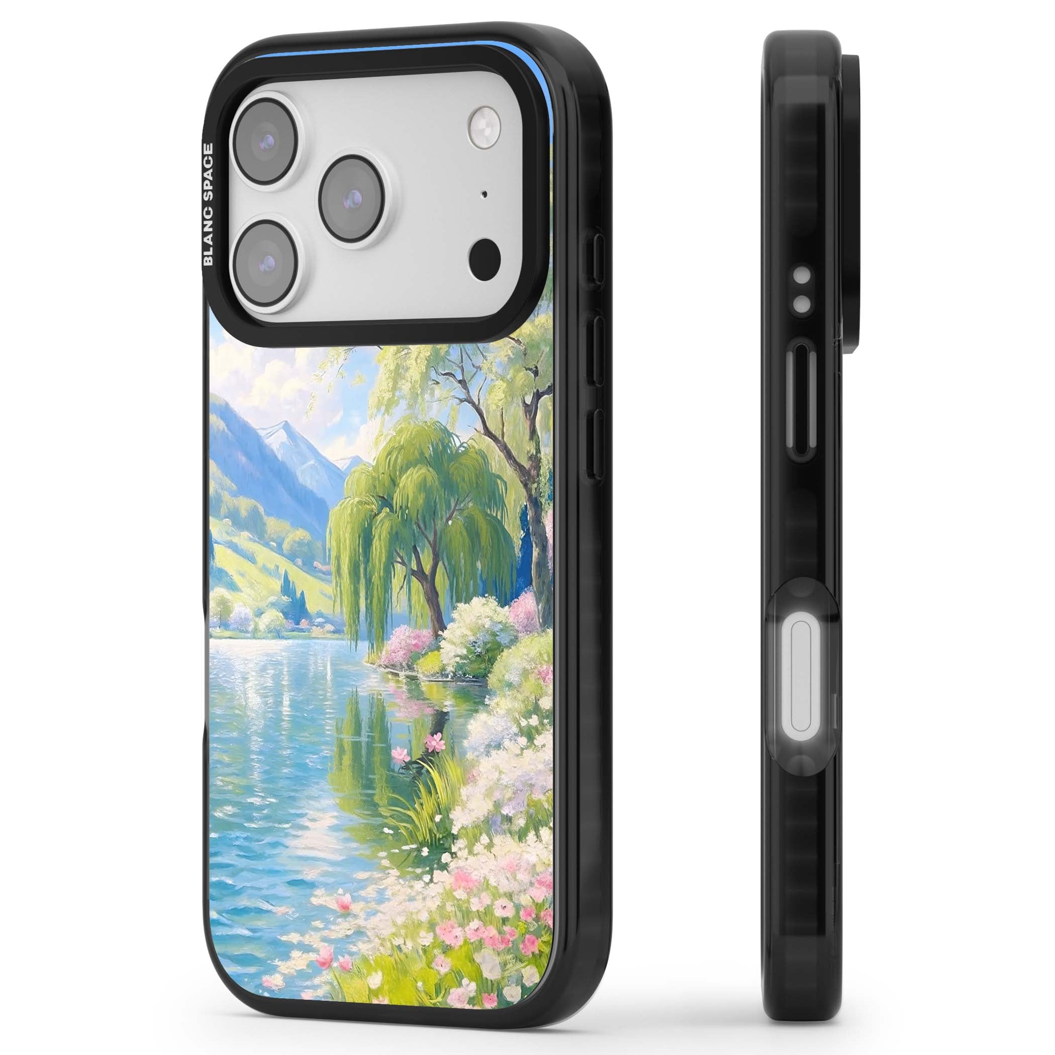 Willow Lake cottagecore iPhone case featuring a painted lakeside with weeping willow, blossoms and distant mountains | Black Impact Magsafe case for iPhone 17 Pro, iPhone 17 Pro Max