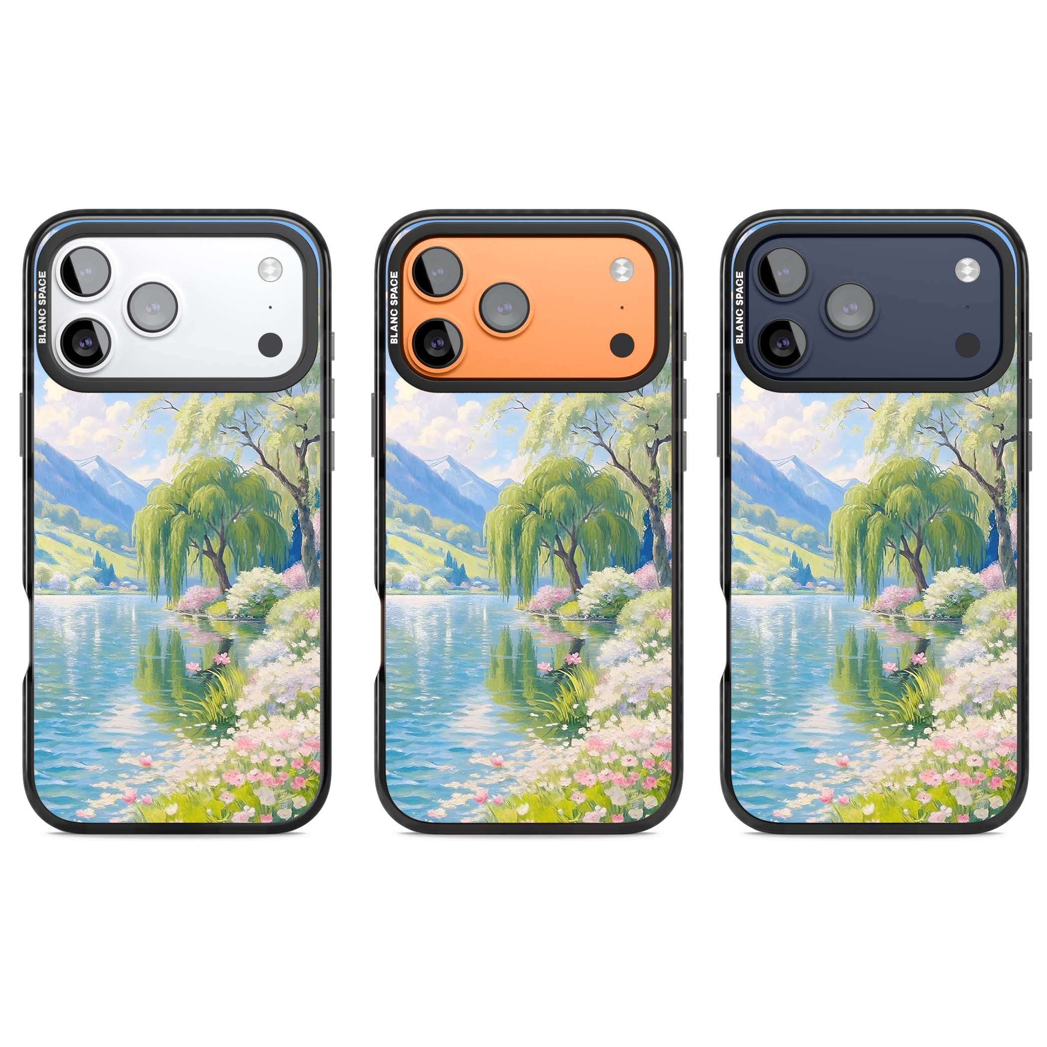 Willow Lake cottagecore iPhone case featuring a painted lakeside with weeping willow, blossoms and distant mountains | Black Impact Magsafe case for iPhone 17 Pro, iPhone 17 Pro Max