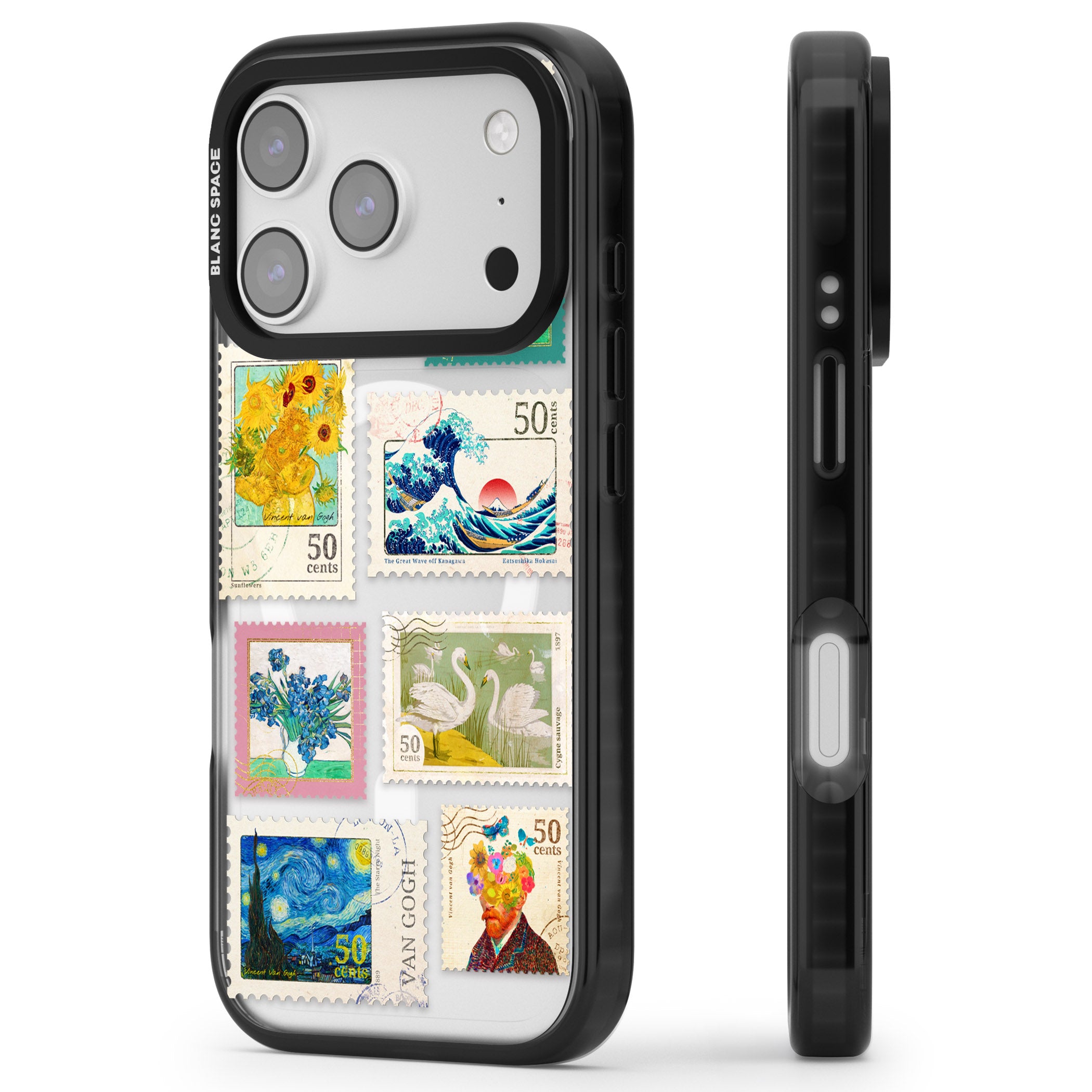 Vintage Art Stamps iPhone 17 Pro Max Impact Pro Black Phone Case Side Profile