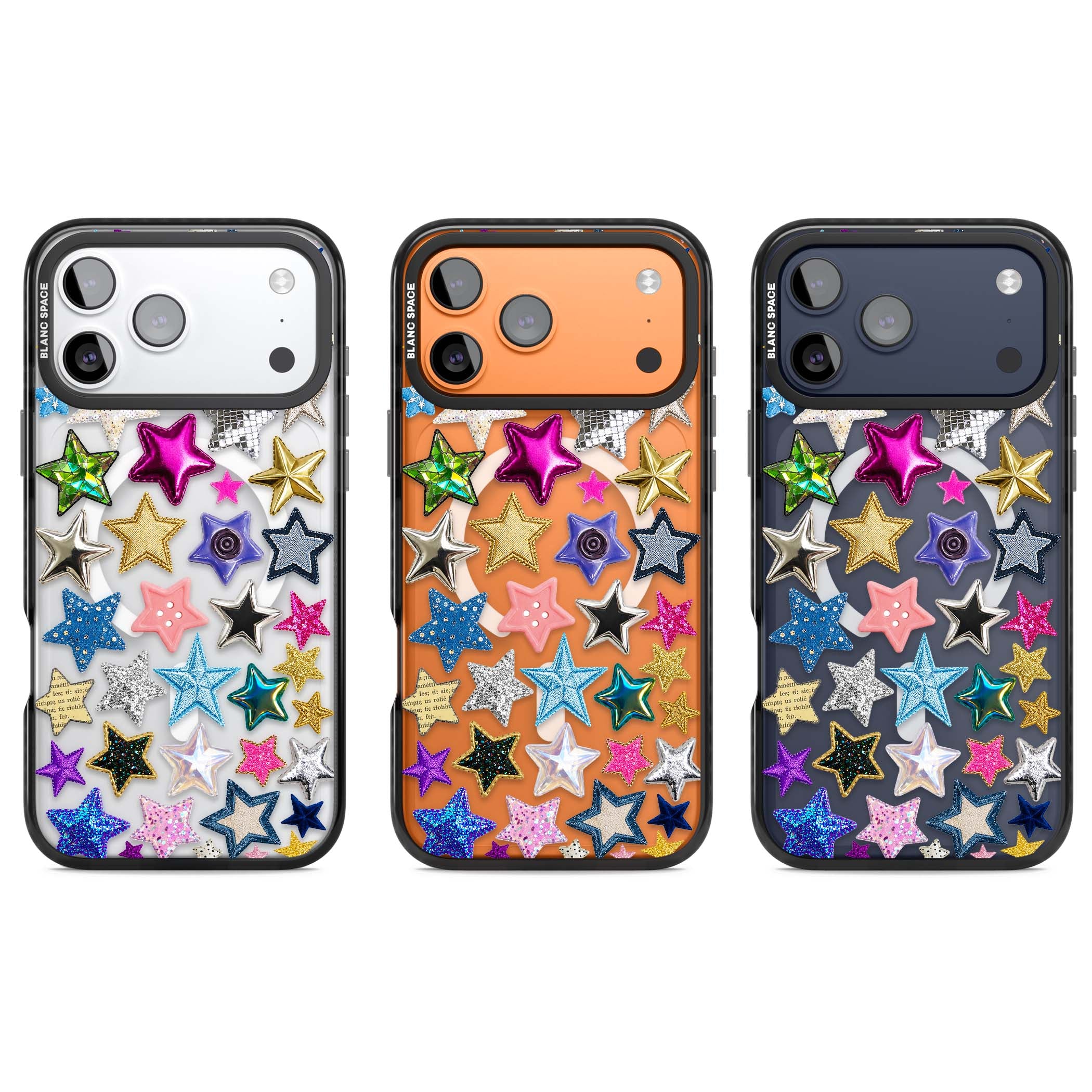 Crafty Star Mix Y2K iPhone case featuring embroidered, sequinned and glitter star patches in rainbow colours | Black Impact Magsafe case for iPhone 17 Pro, iPhone 17 Pro Max