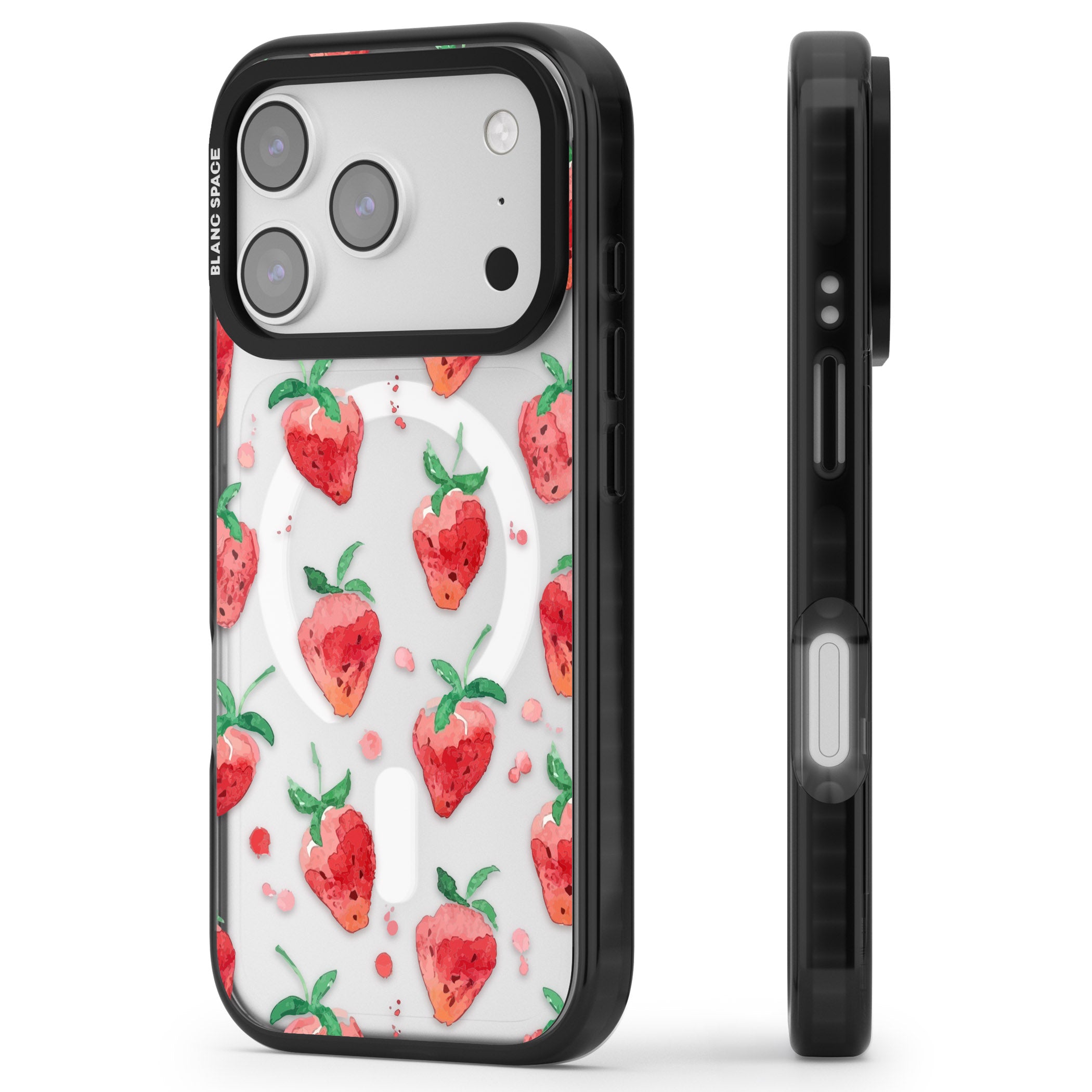 Strawberry Watercolour iPhone 17 Pro Impact Pro Black Phone Case Side Profile