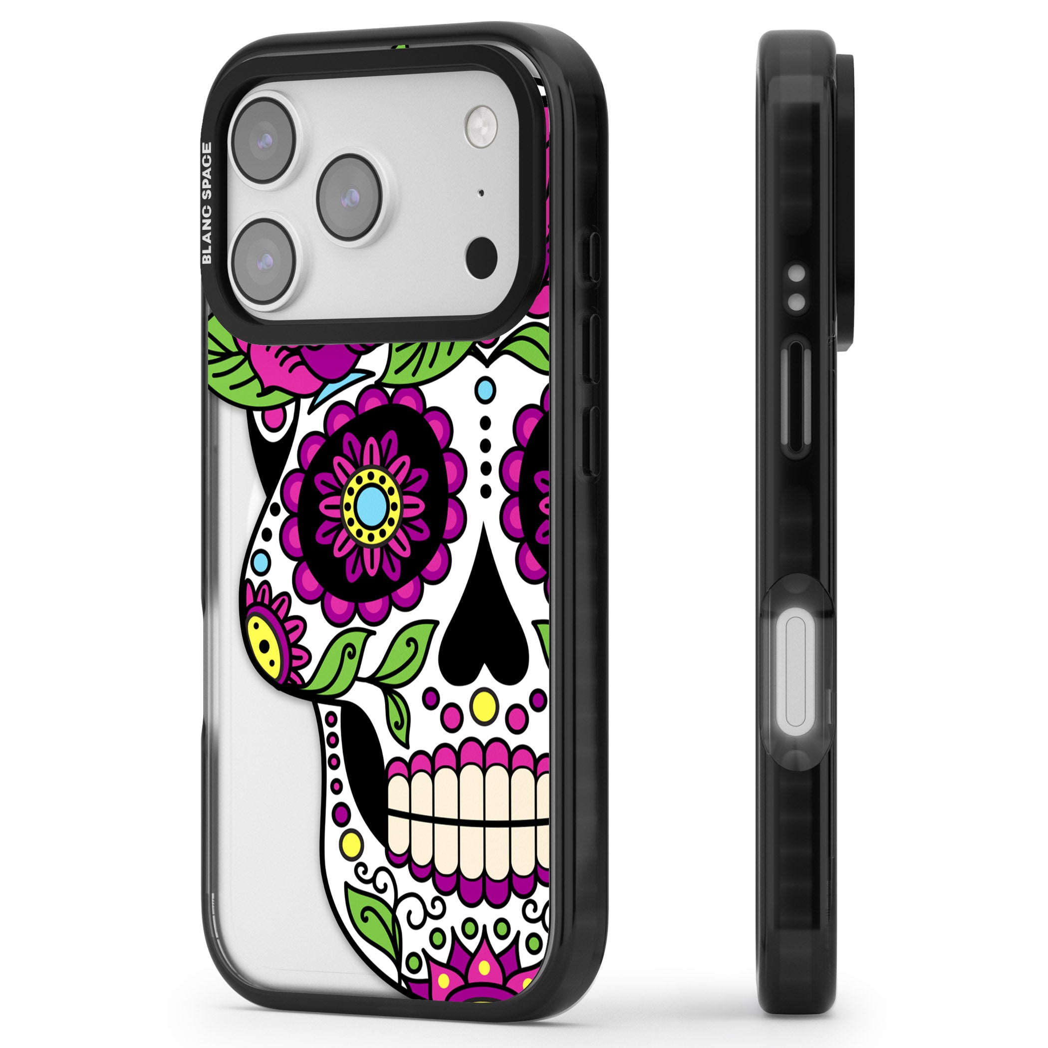 Purple Floral Sugar Skull iPhone 17 Pro Impact Pro Black Phone Case Side Profile