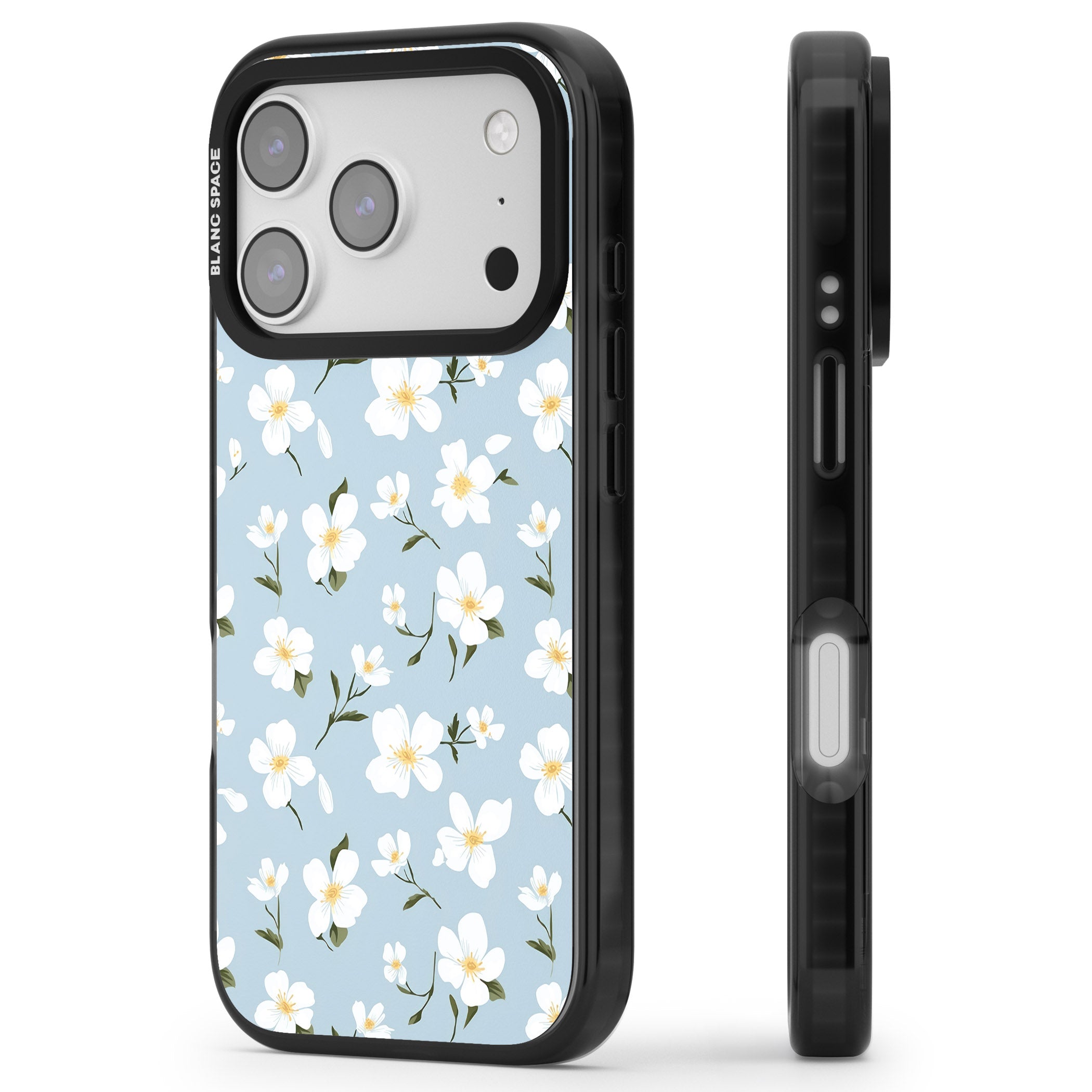 Soft White Blossoms iPhone 17 Pro Max Impact Pro Black Phone Case Side Profile