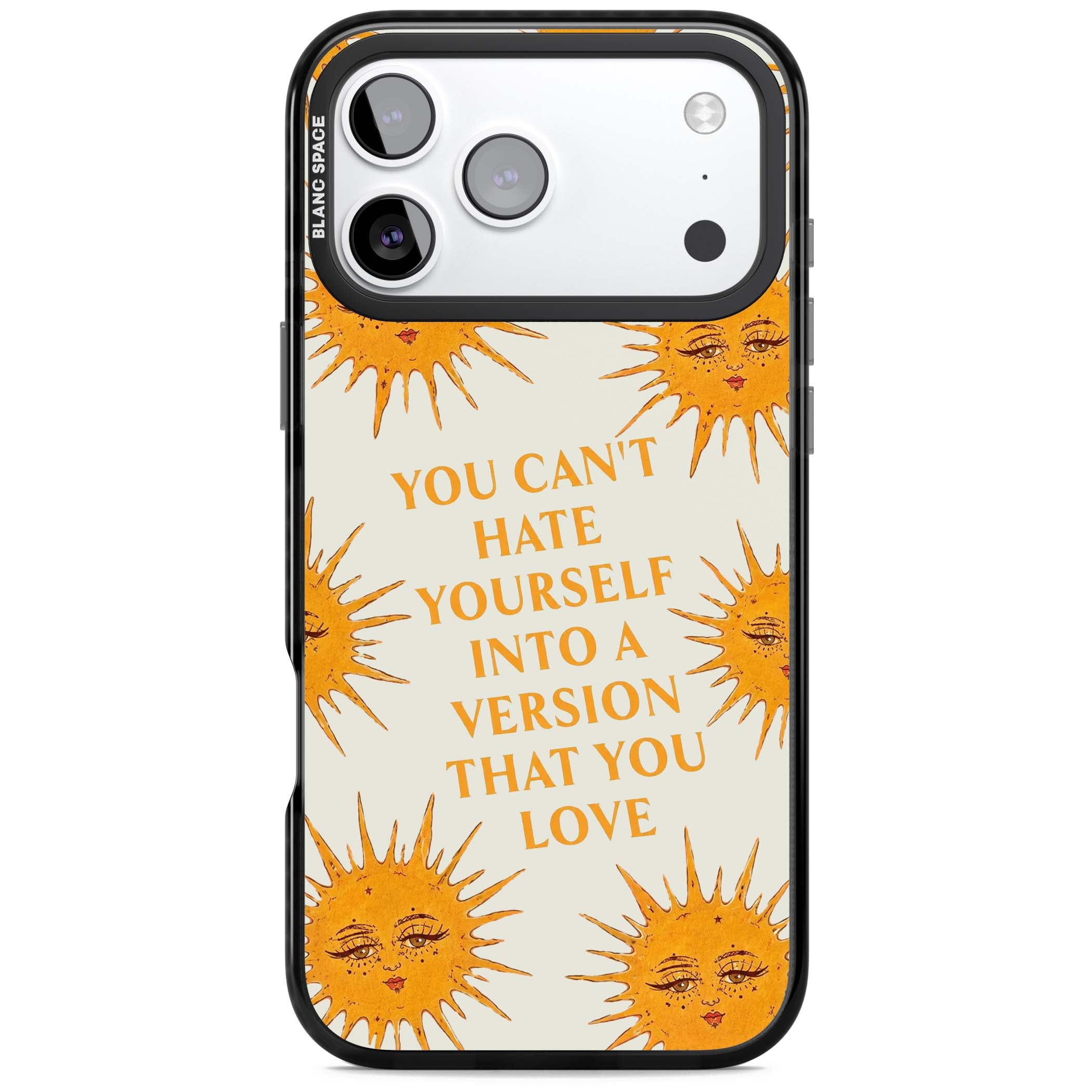 Don't Hate Yourself celestial iPhone case featuring vintage sun faces, ochre rays and a self-love quote | Black Impact Magsafe case for iPhone 17 Pro, iPhone 17 Pro Max