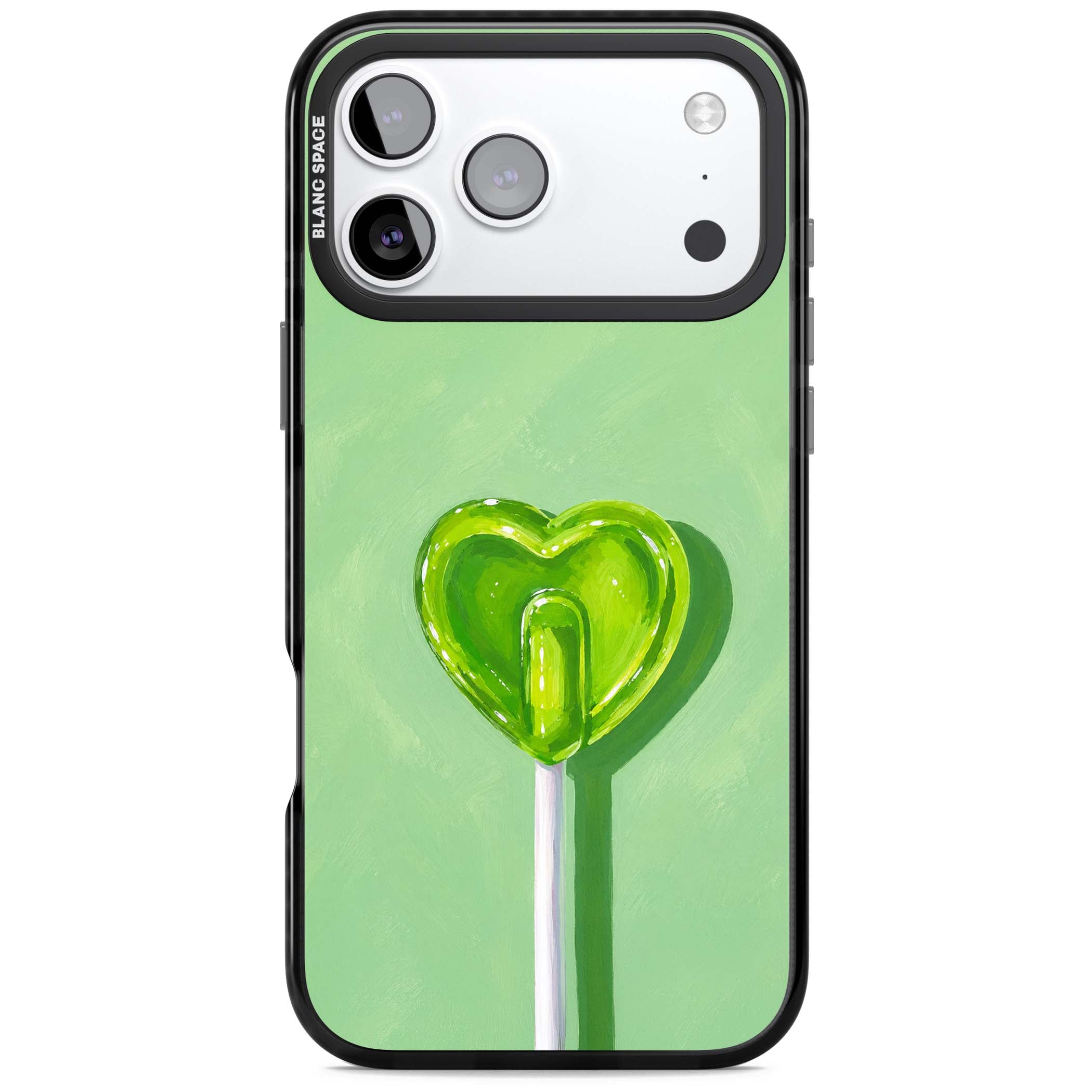 Green Lollipop candy art iPhone case featuring a glossy green heart-shaped lollipop on a painted pastel green background | Black Impact Magsafe case for iPhone 17 Pro, iPhone 17 Pro Max