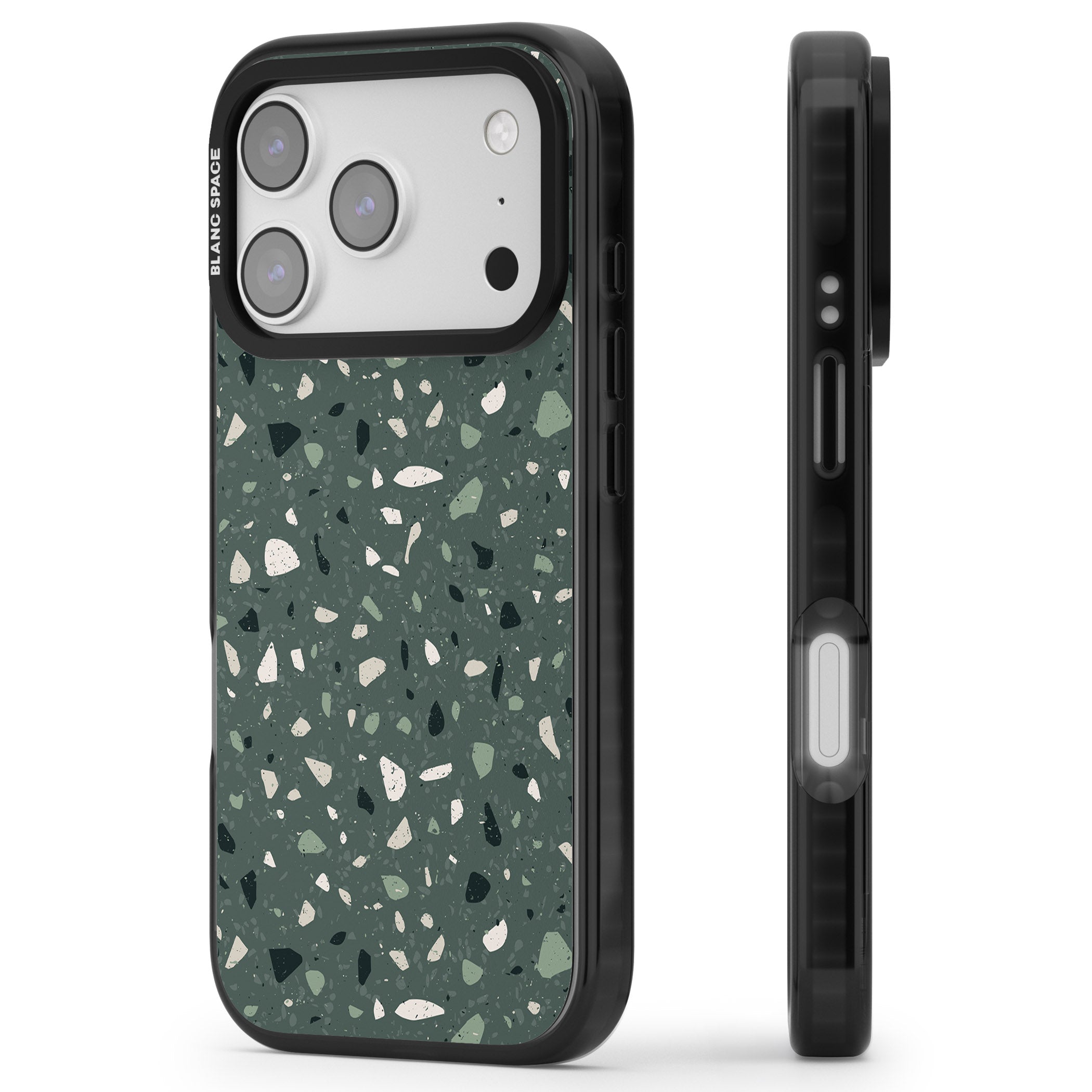 Green & Cream Terrazzo Pattern iPhone 17 Pro Impact Pro Black Phone Case Side Profile