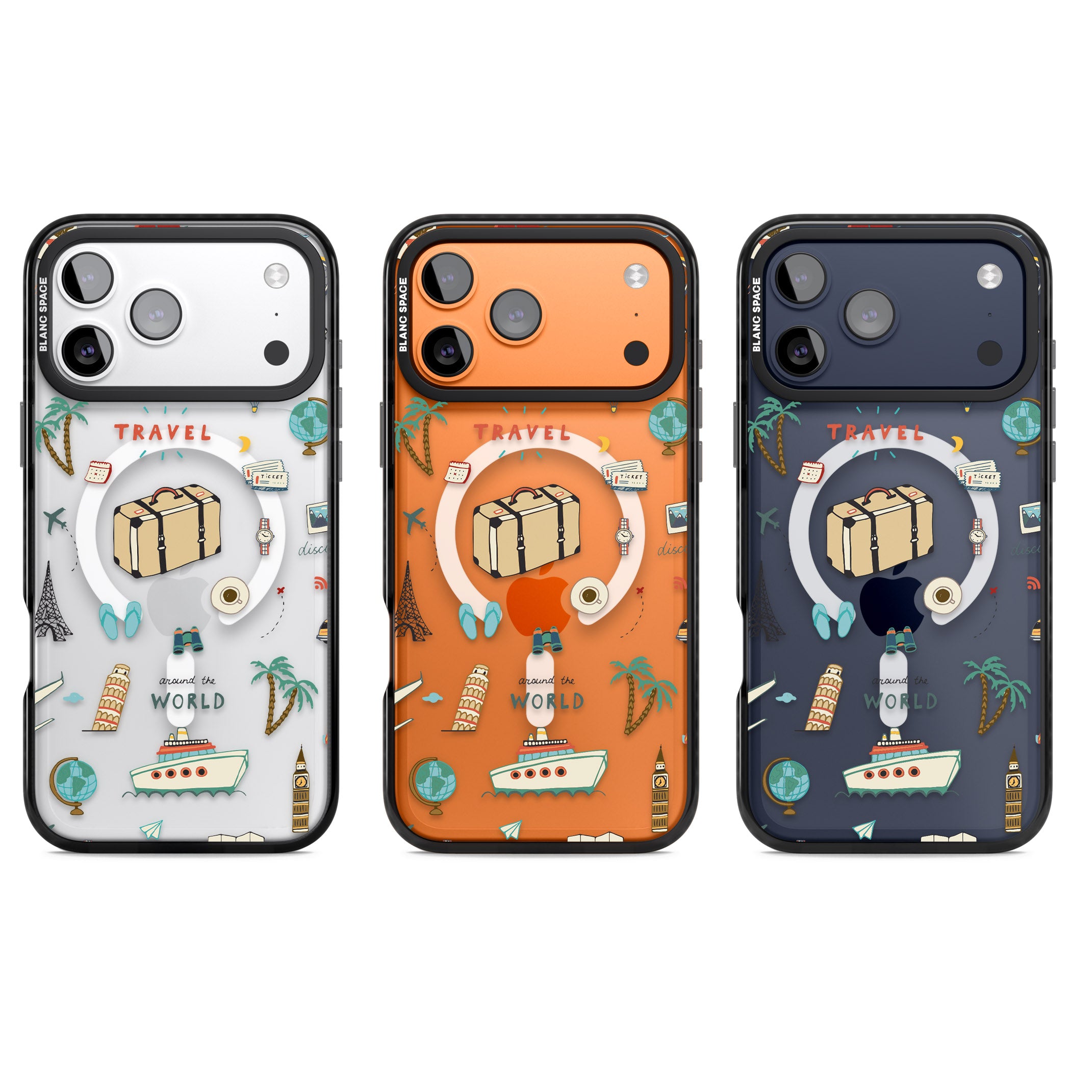 Cute Travel Pattern Transparent iPhone 17 Pro Impact Pro Black Phone Case APT Impact Protection