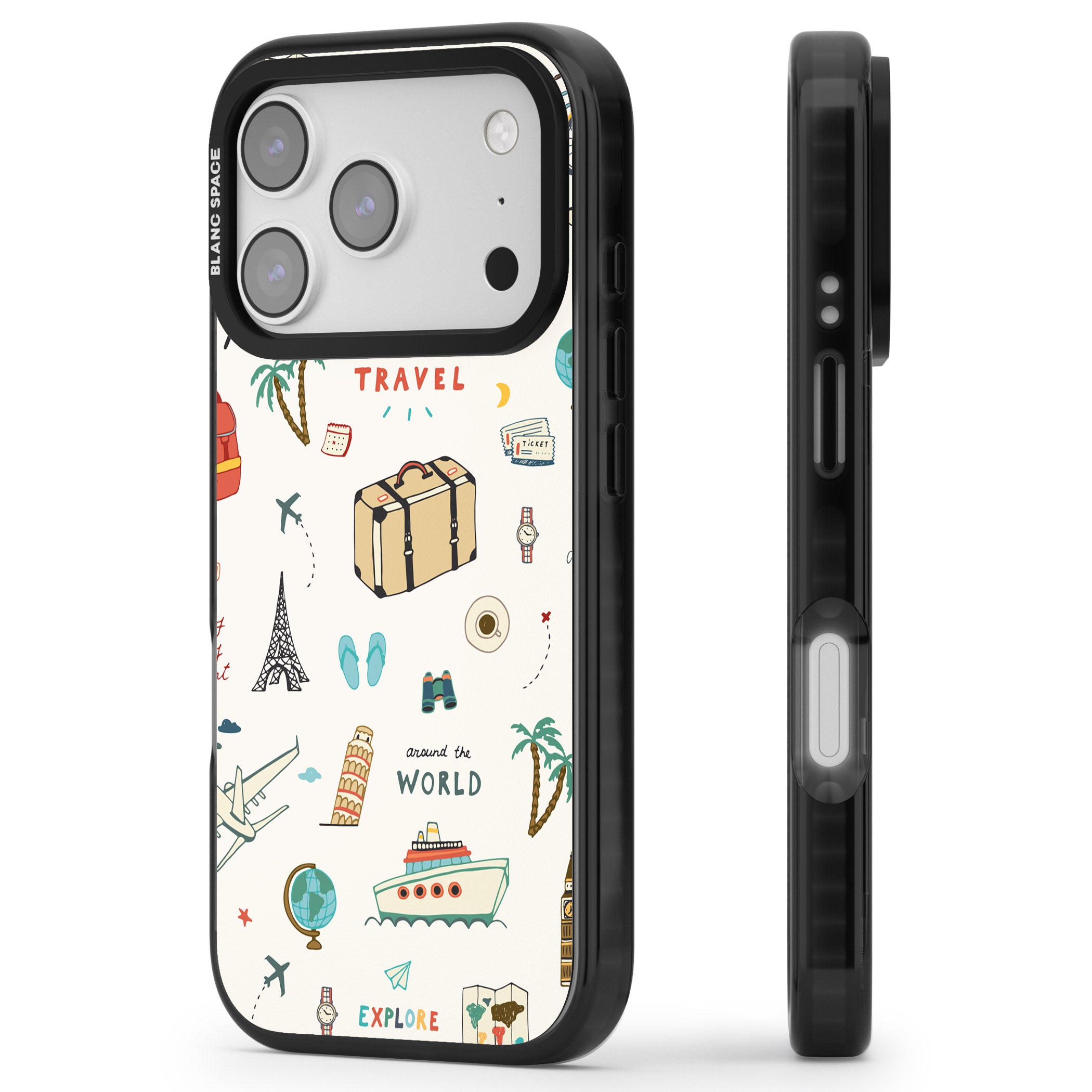 Cute Travel Pattern Cream iPhone 17 Pro Impact Pro Black Phone Case Side Profile