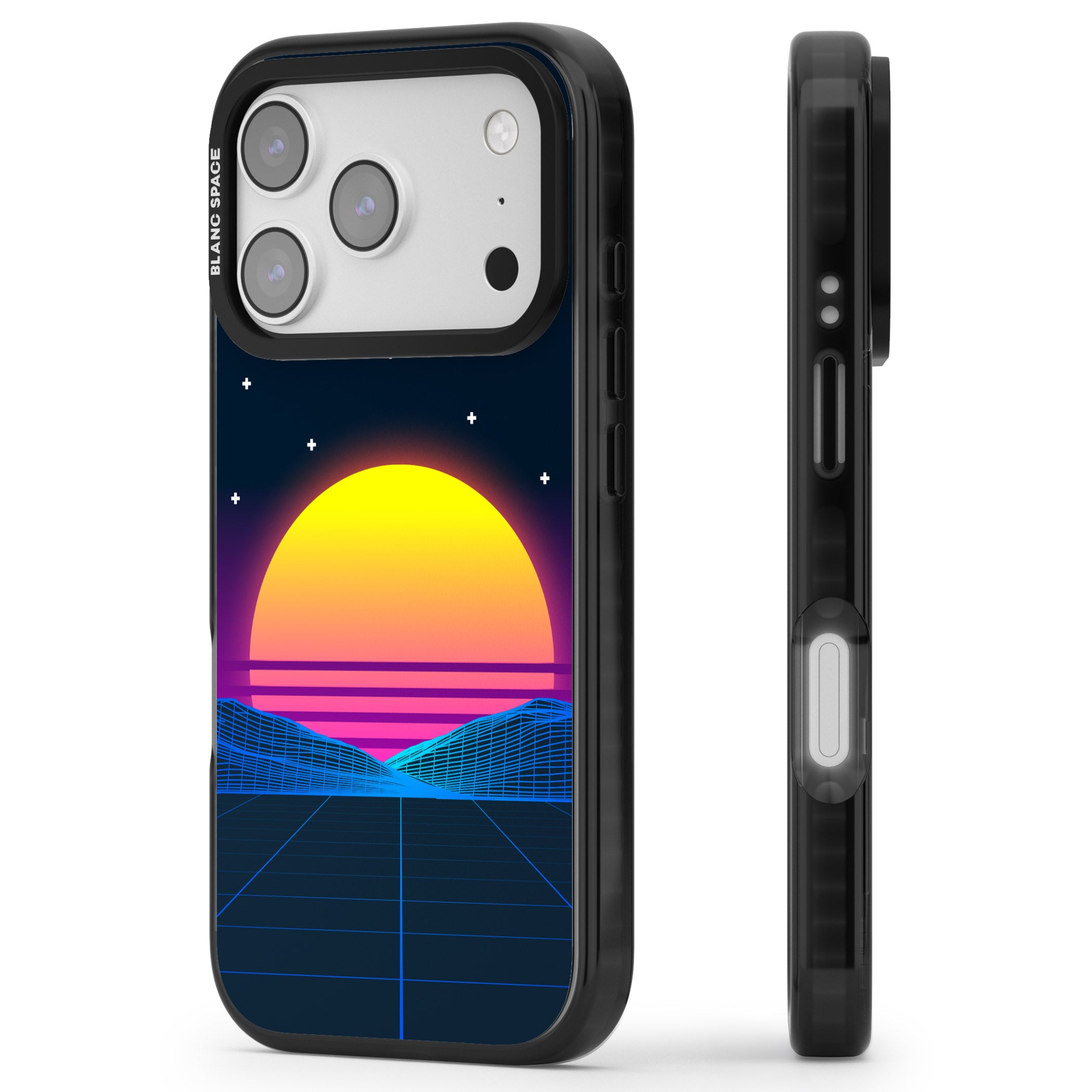 Retro Sunset Vaporwave iPhone 17 Pro Impact Pro Black Phone Case Side Profile