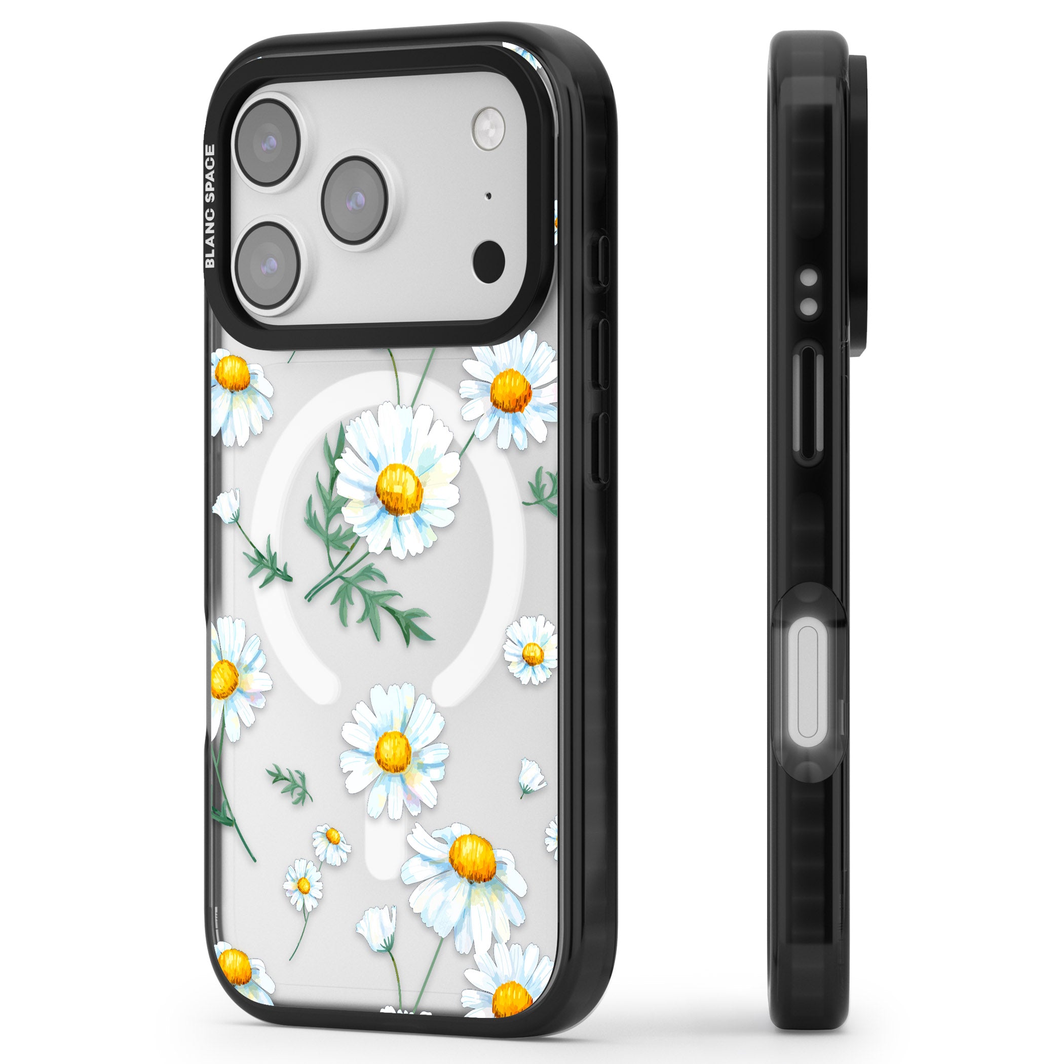 Vintage Painted Daisies iPhone 17 Pro Impact Pro Black Phone Case Side Profile