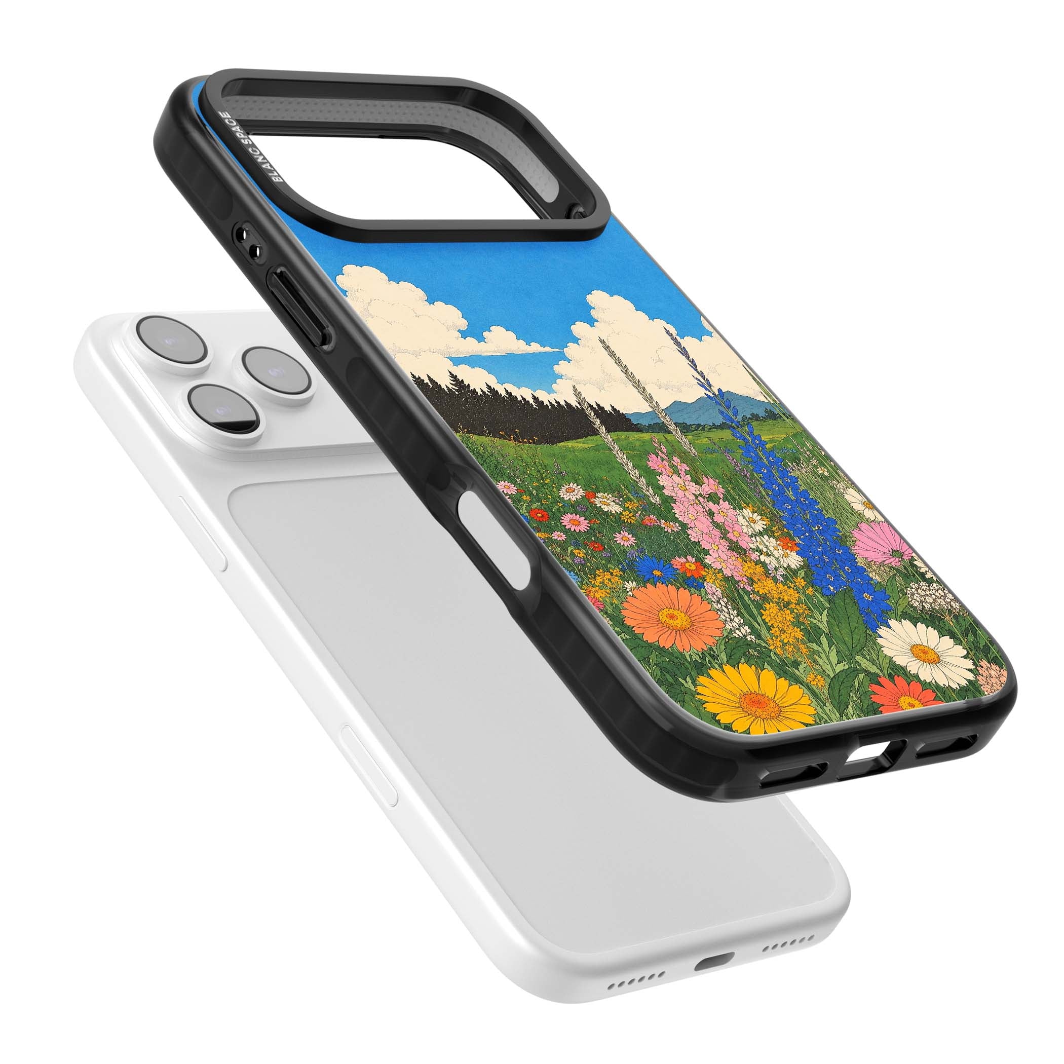 Wildbloom wildflower iPhone case featuring a vintage Japanese-style meadow landscape with daisies, delphiniums and moun | Black Impact Magsafe case for iPhone 17 Pro, iPhone 17 Pro Max