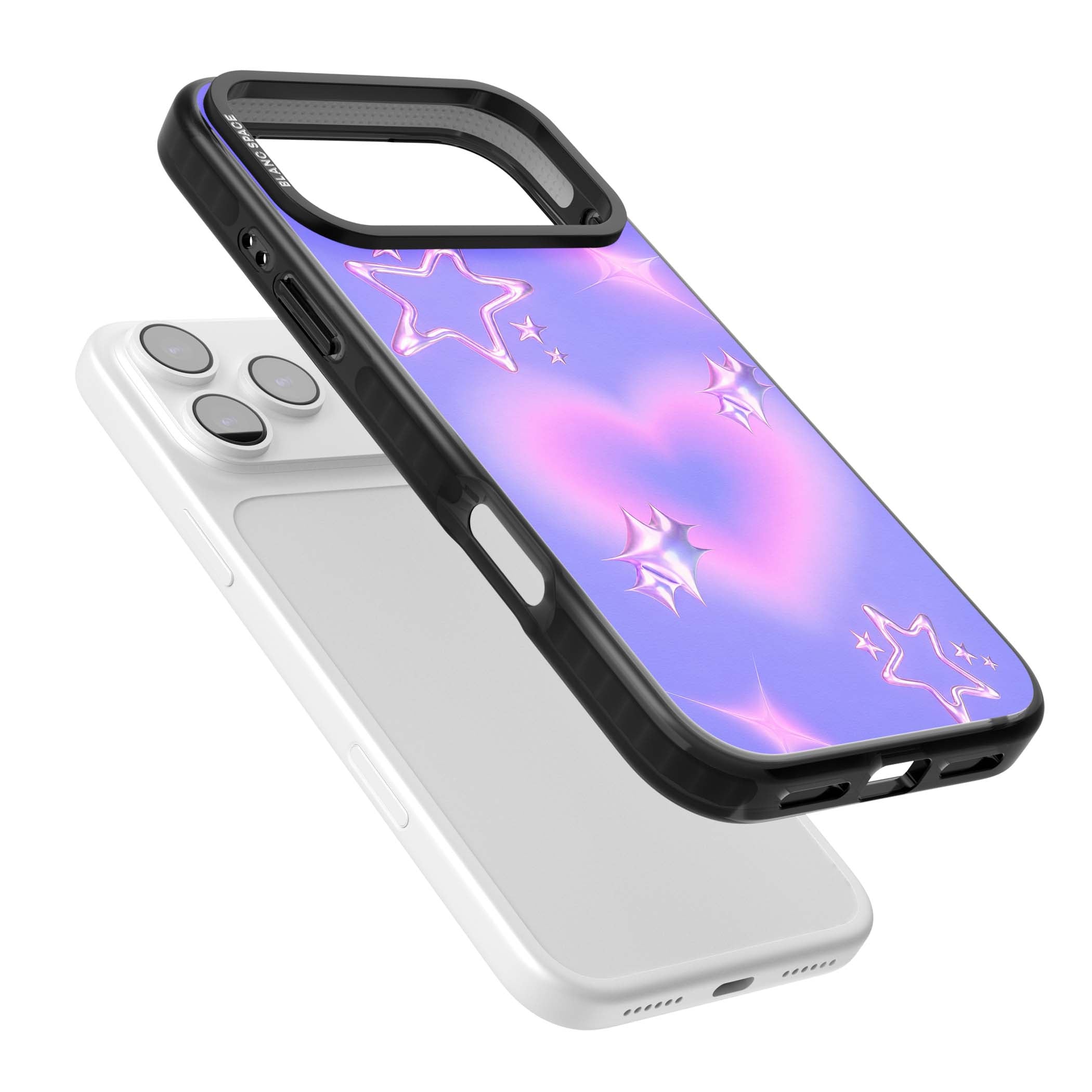 Soft Sugar Y2K iPhone case featuring iridescent chrome hearts, metallic pink stars and a lavender gradient sky | Black Impact Magsafe case for iPhone 17 Pro, iPhone 17 Pro Max