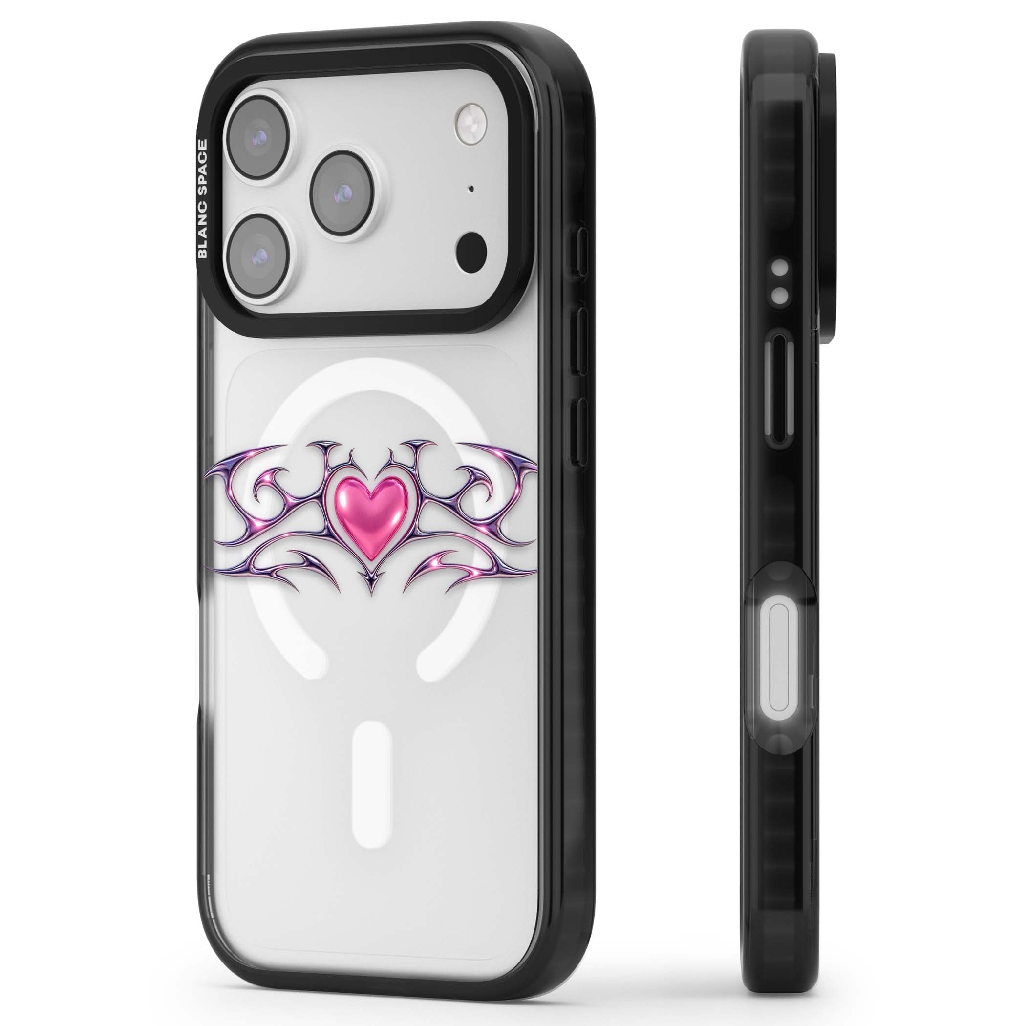 Pink Chrome Heart y2k iPhone case | Black Impact Magsafe case for iPhone 17 Pro, iPhone 17 Pro Max