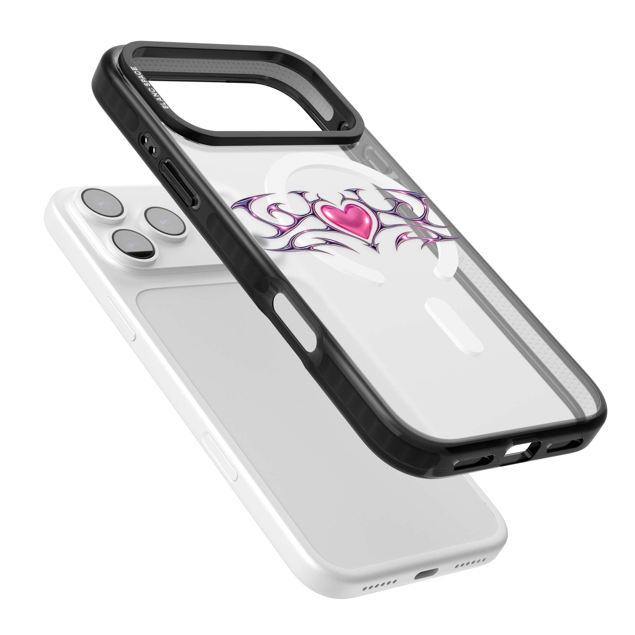 Pink Chrome Heart y2k iPhone case | Black Impact Magsafe case for iPhone 17 Pro, iPhone 17 Pro Max