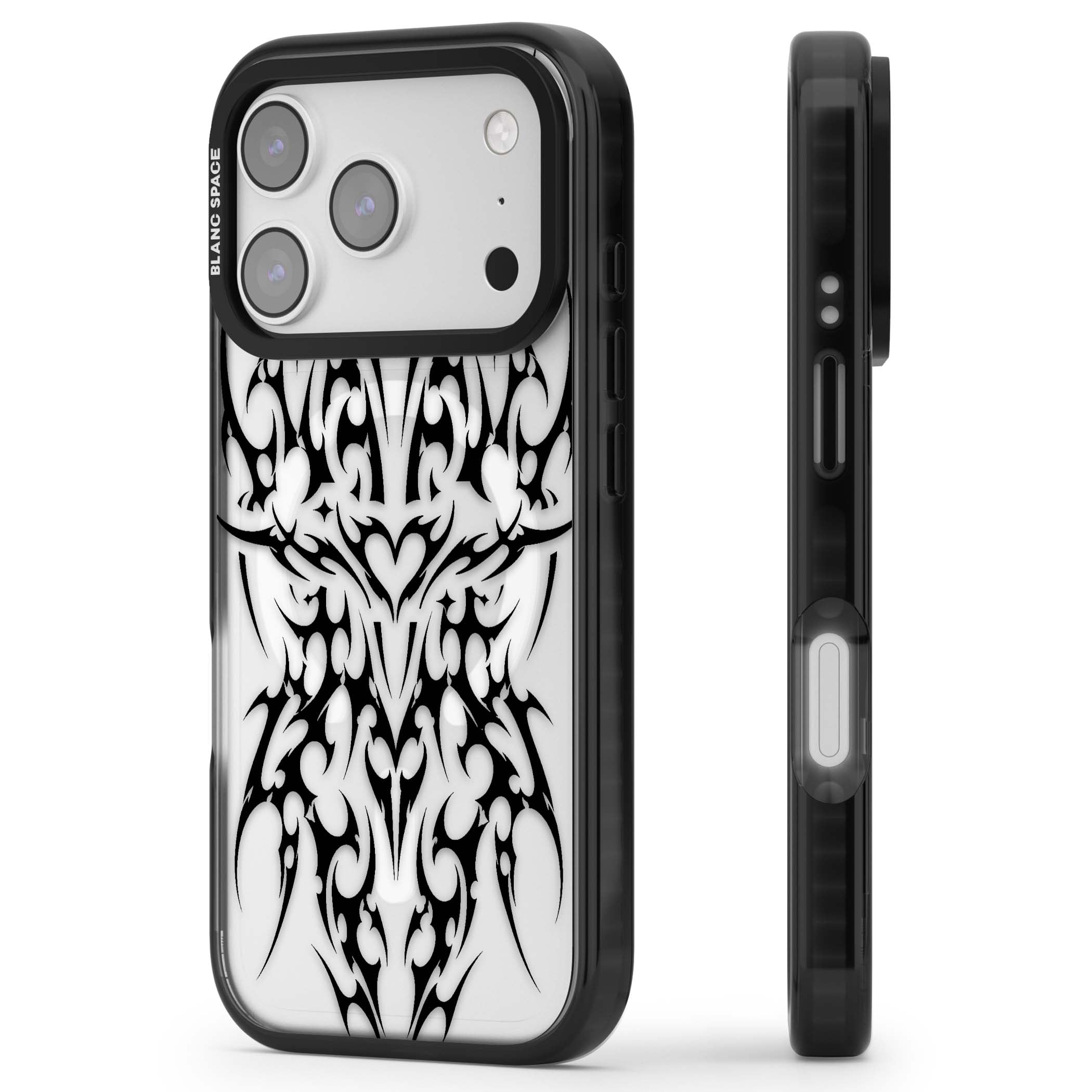 Neo Tribal Heart gothic iPhone case featuring symmetrical black tribal tattoo art with sharp thorn-like linework | Black Impact Magsafe case for iPhone 17 Pro, iPhone 17 Pro Max