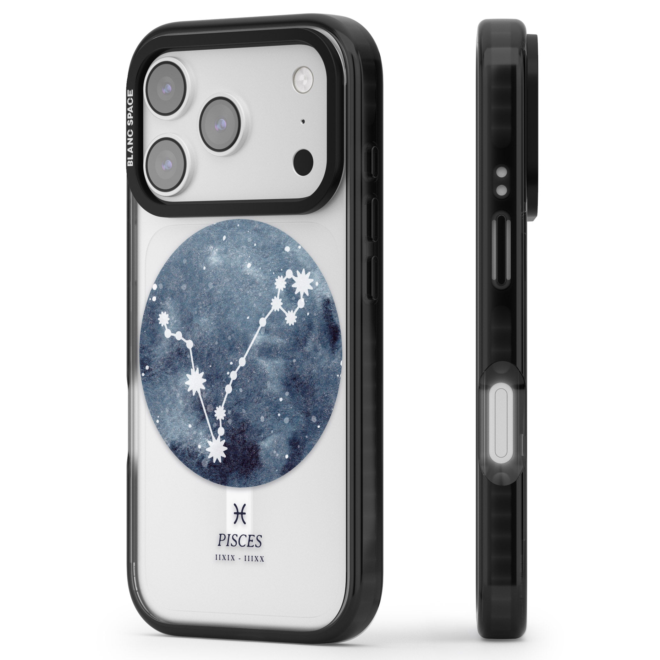 Pisces Zodiac Constellation iPhone 17 Pro Impact Pro Black Phone Case Side Profile