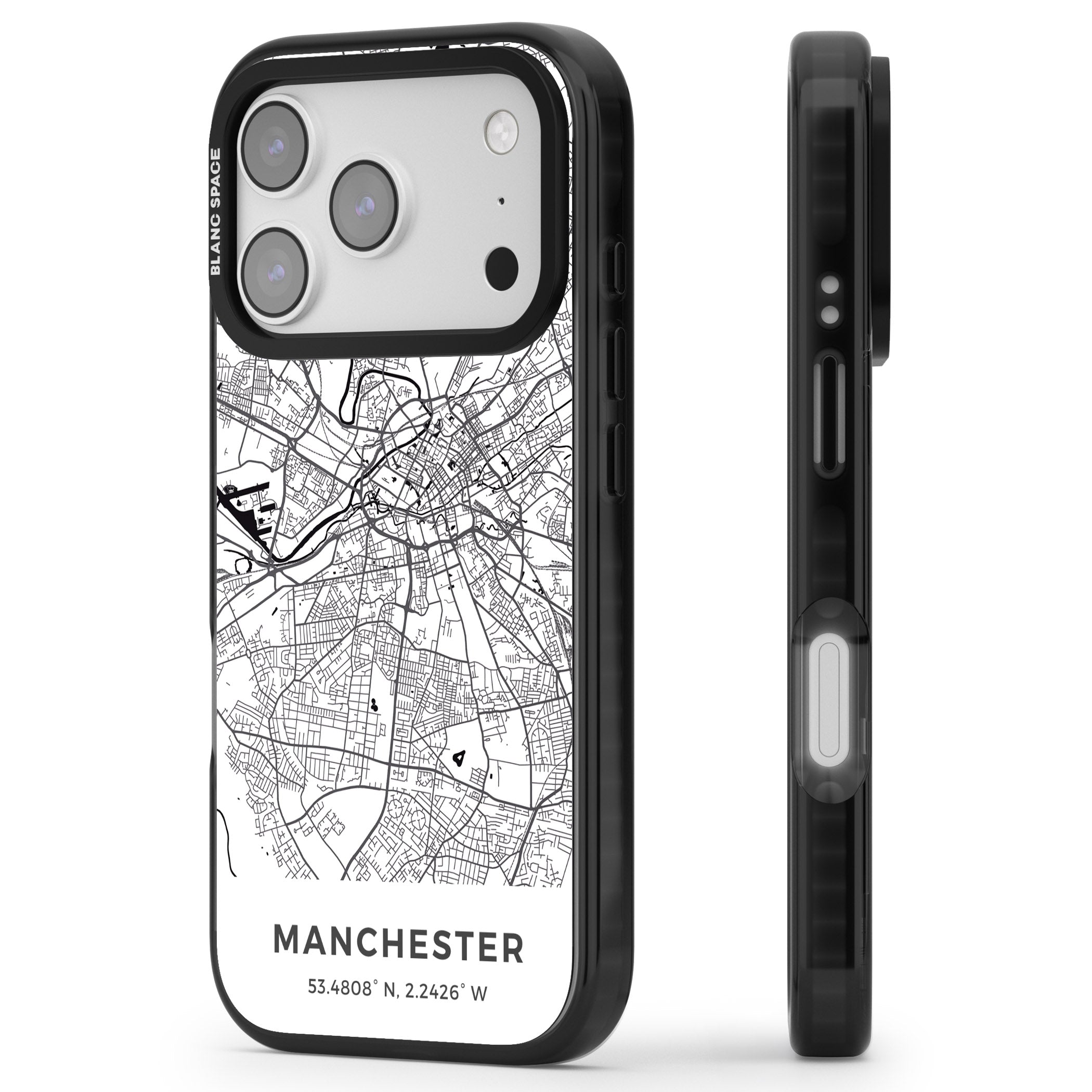 Manchester Map iPhone 17 Pro Impact Black Phone Case Side Profile