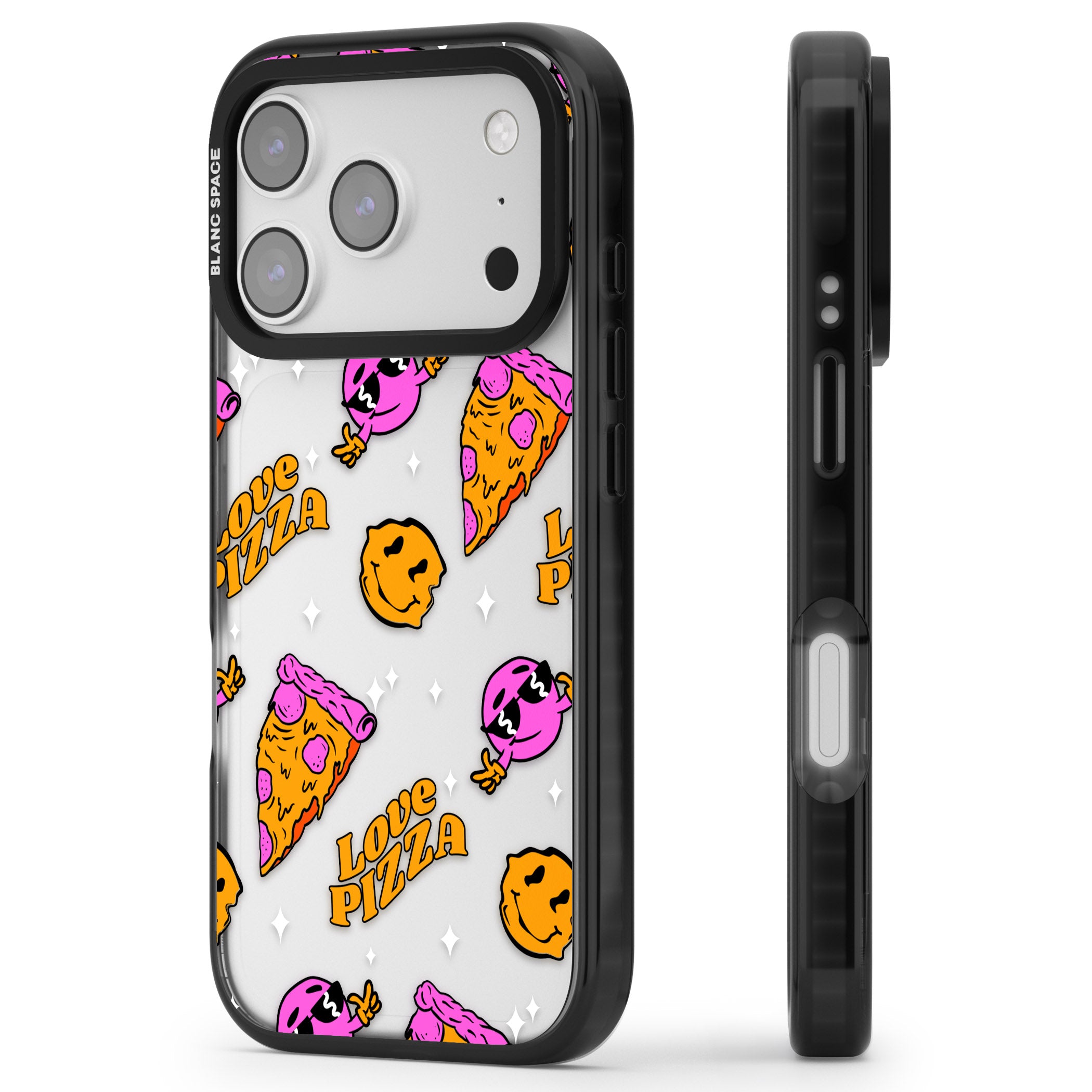 Psychedelic Love Pizza Pattern (Clear) iPhone 17 Pro Impact Black Phone Case Side Profile