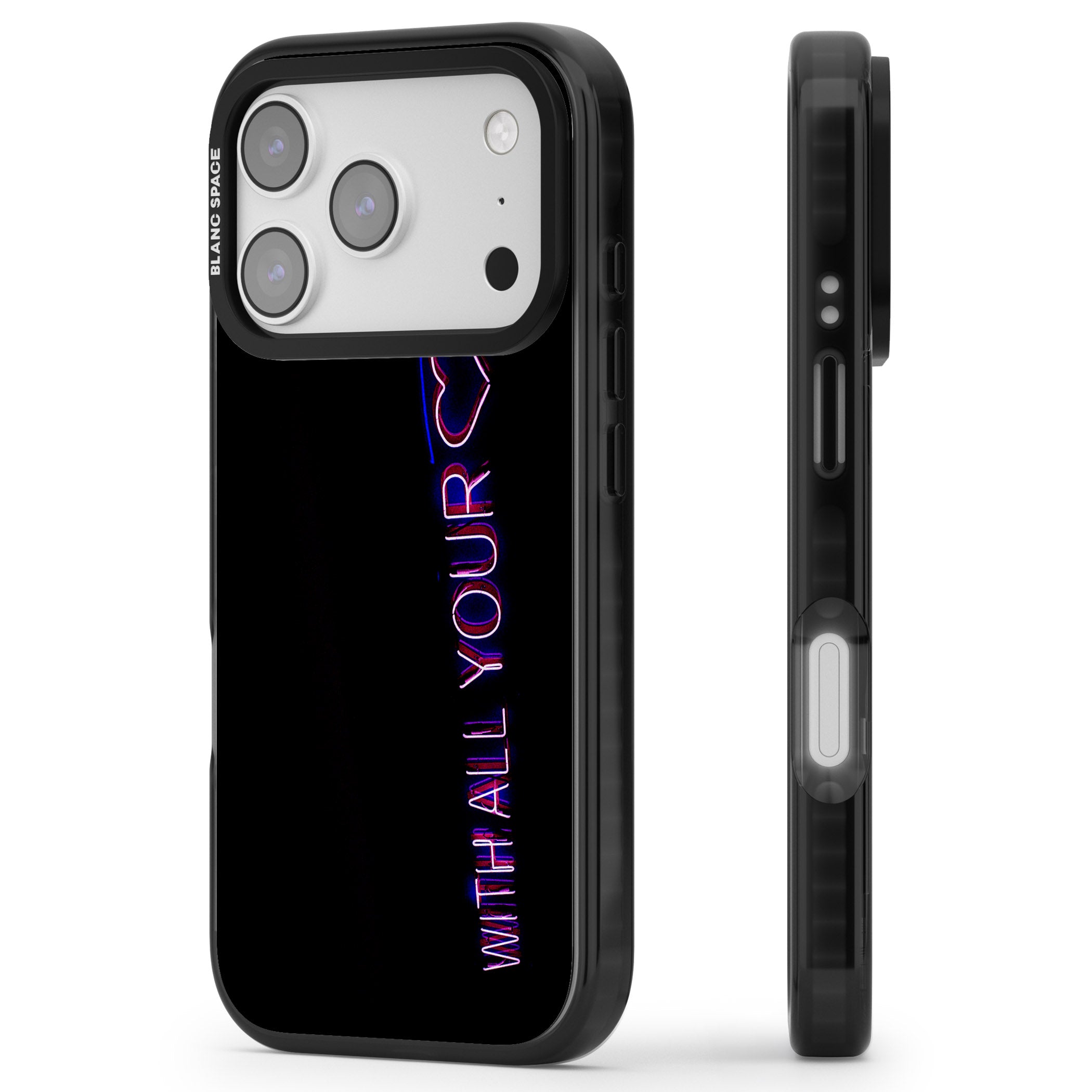Neon Heart Script iPhone 17 Pro Impact Black Phone Case Side Profile