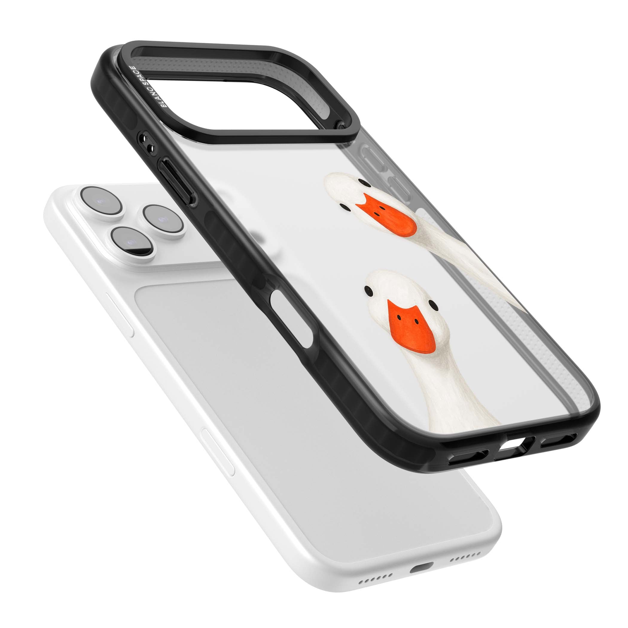 Nosy Ducks cottagecore iPhone case featuring two peeking white ducks with orange beaks on a clear background | Clear Impact case for iPhone 17 Pro, iPhone 17 Pro Max