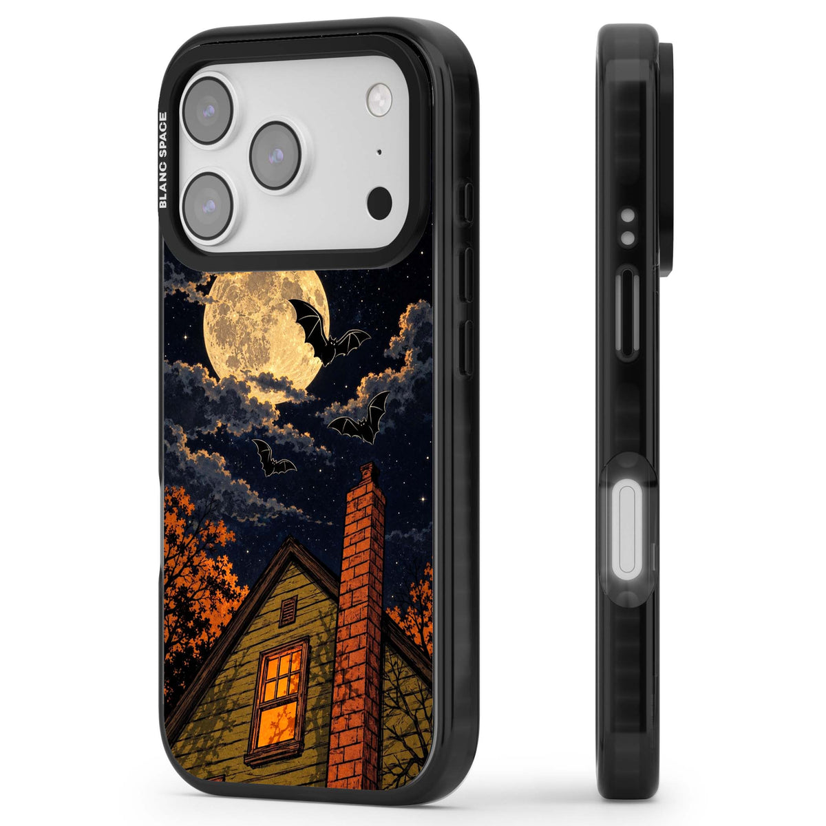 Hollows Eve Halloween iPhone case featuring a haunted house, full moon and flying bats against a starry autumn sky | Clear Impact case for iPhone 17 Pro, iPhone 17 Pro Max