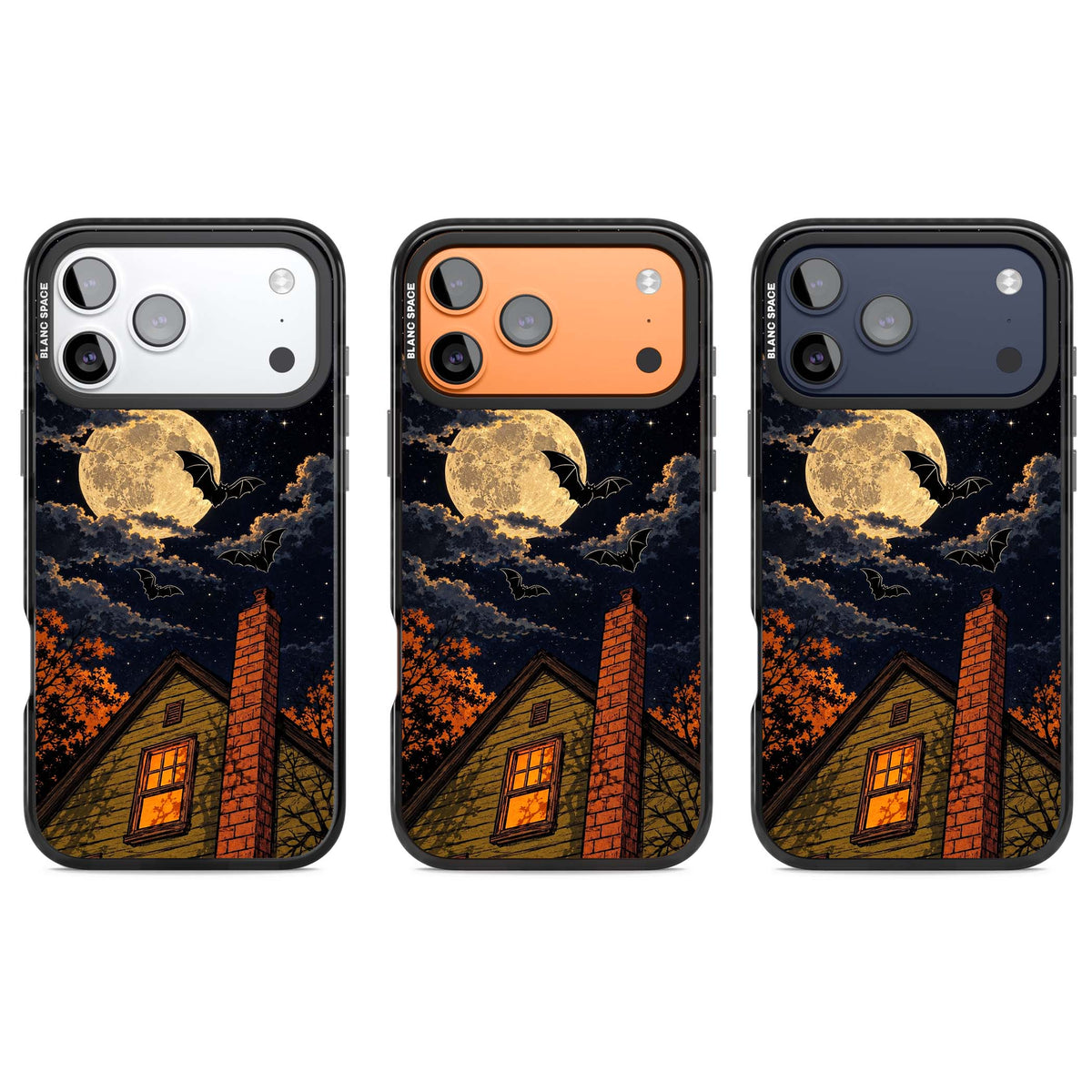 Hollows Eve Halloween iPhone case featuring a haunted house, full moon and flying bats against a starry autumn sky | Clear Impact case for iPhone 17 Pro, iPhone 17 Pro Max