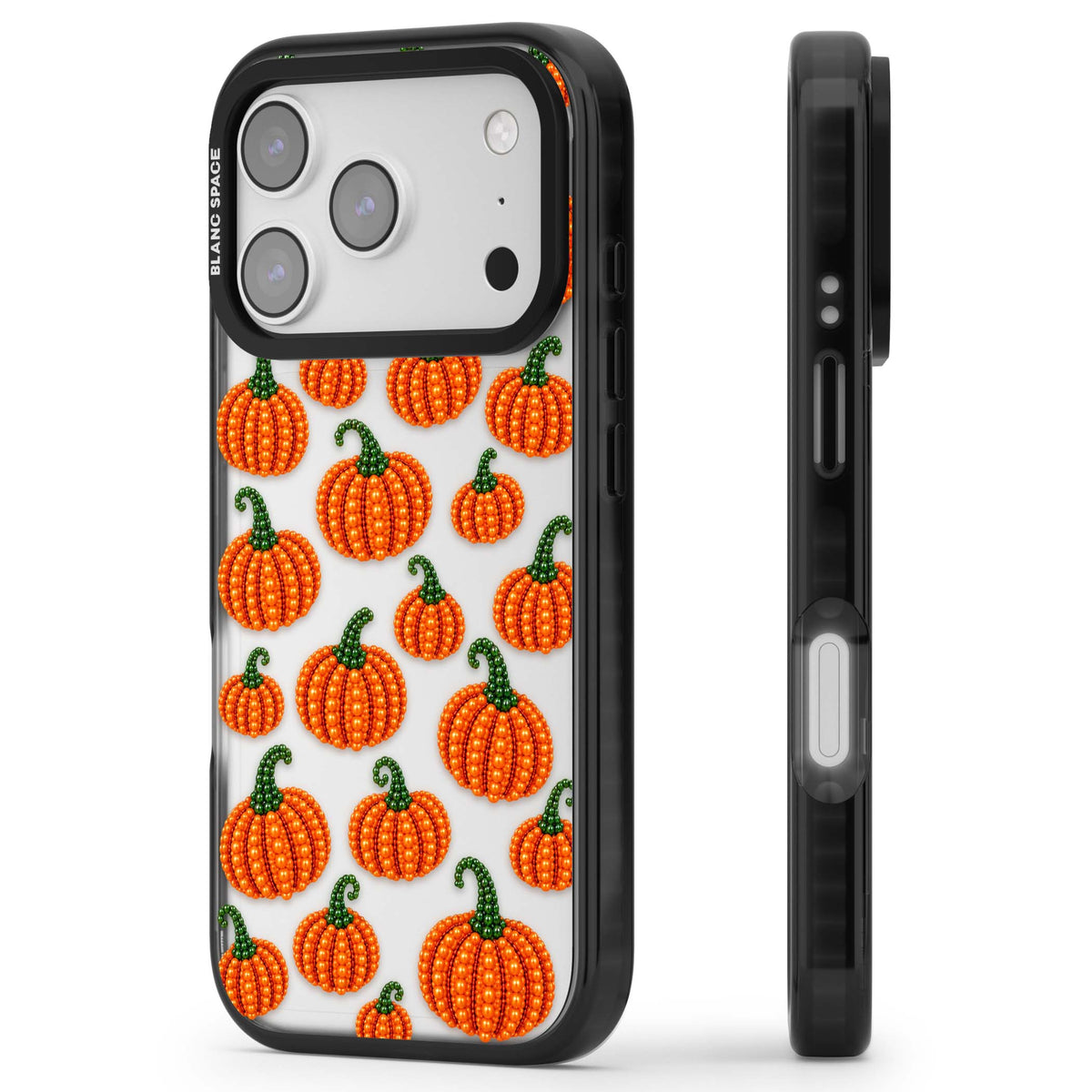 Beaded Pumpkins halloween iPhone case featuring beaded orange pumpkins with green stems on a clear background | Clear Impact case for iPhone 17 Pro, iPhone 17 Pro Max