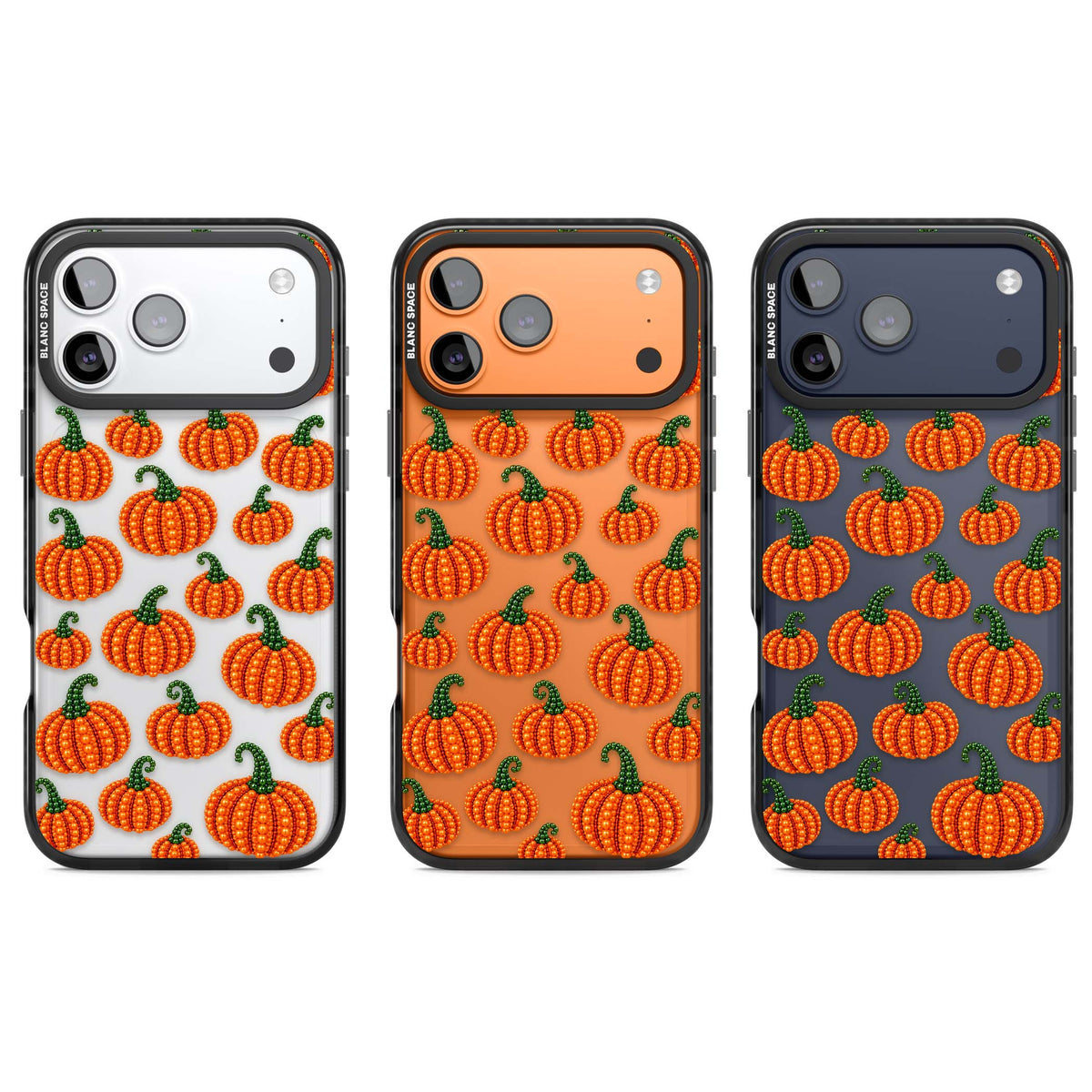 Beaded Pumpkins halloween iPhone case featuring beaded orange pumpkins with green stems on a clear background | Clear Impact case for iPhone 17 Pro, iPhone 17 Pro Max