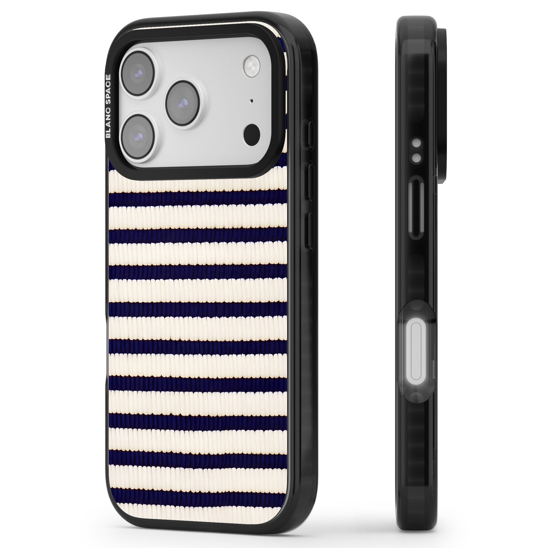 Navy & Cream Stripes iPhone 17 Pro Impact Black Phone Case Side Profile