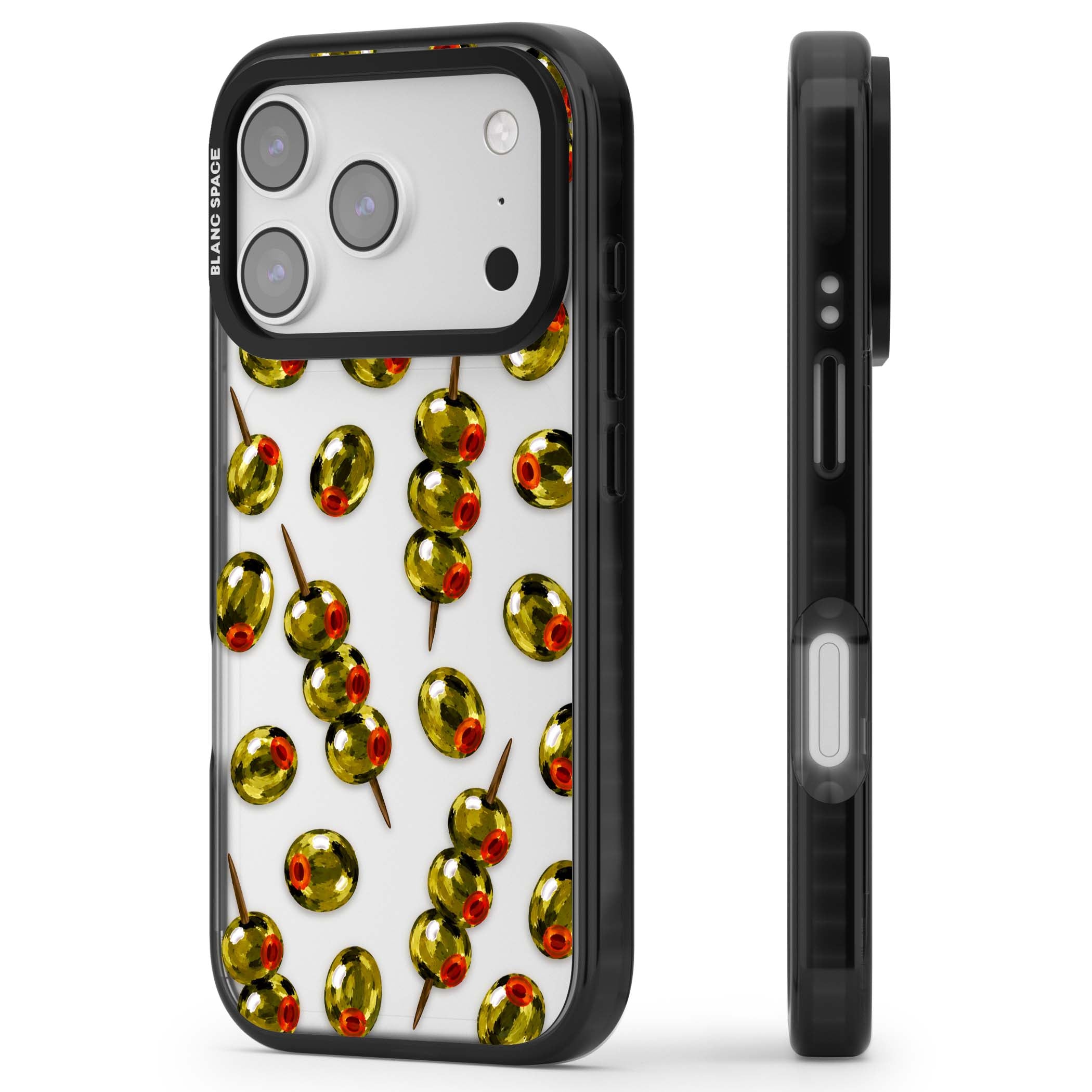 Painted Olives cocktail iPhone case featuring green olives, pimento centres and toothpick skewers on a clear background | Clear Impact case for iPhone 17 Pro, iPhone 17 Pro Max