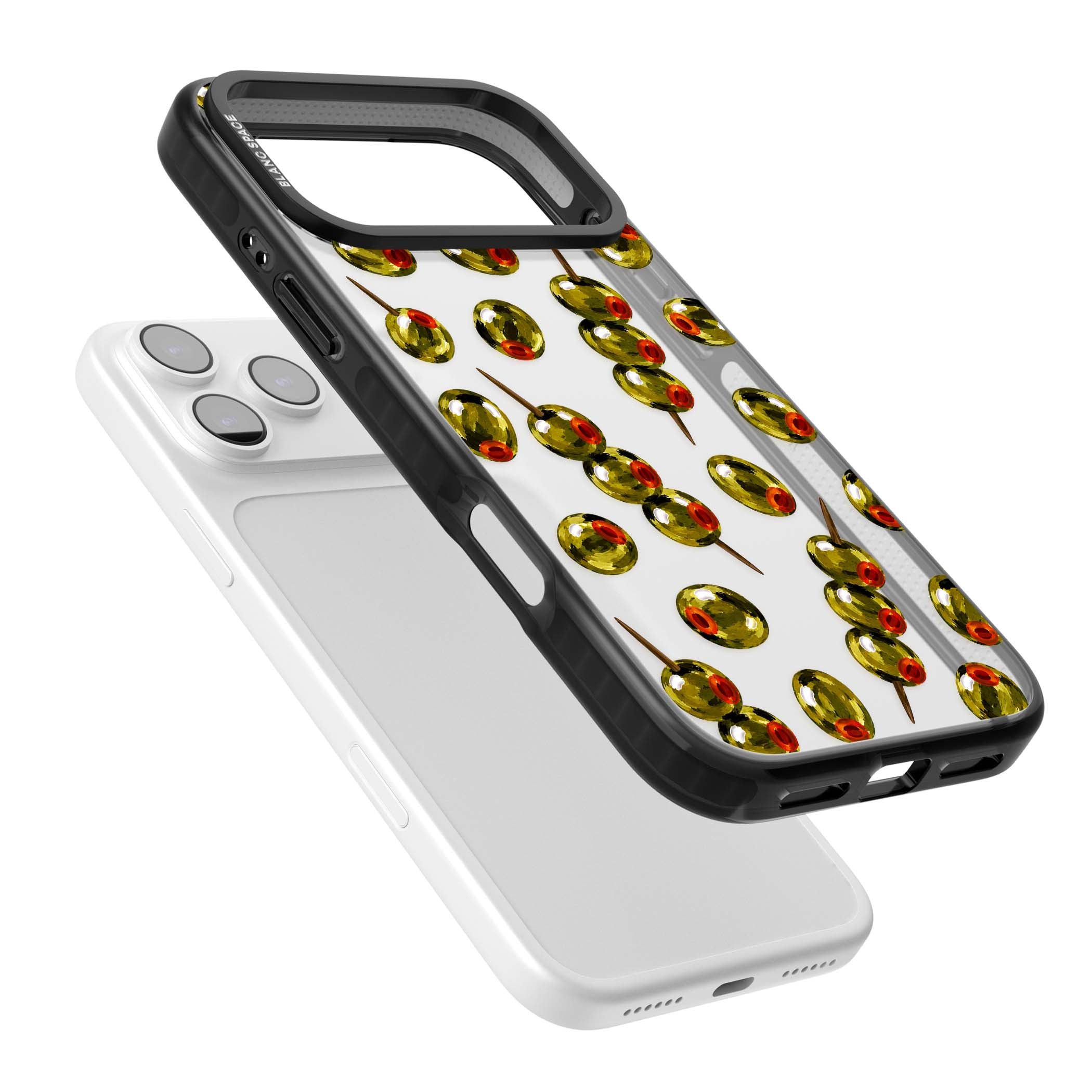 Painted Olives cocktail iPhone case featuring green olives, pimento centres and toothpick skewers on a clear background | Clear Impact case for iPhone 17 Pro, iPhone 17 Pro Max