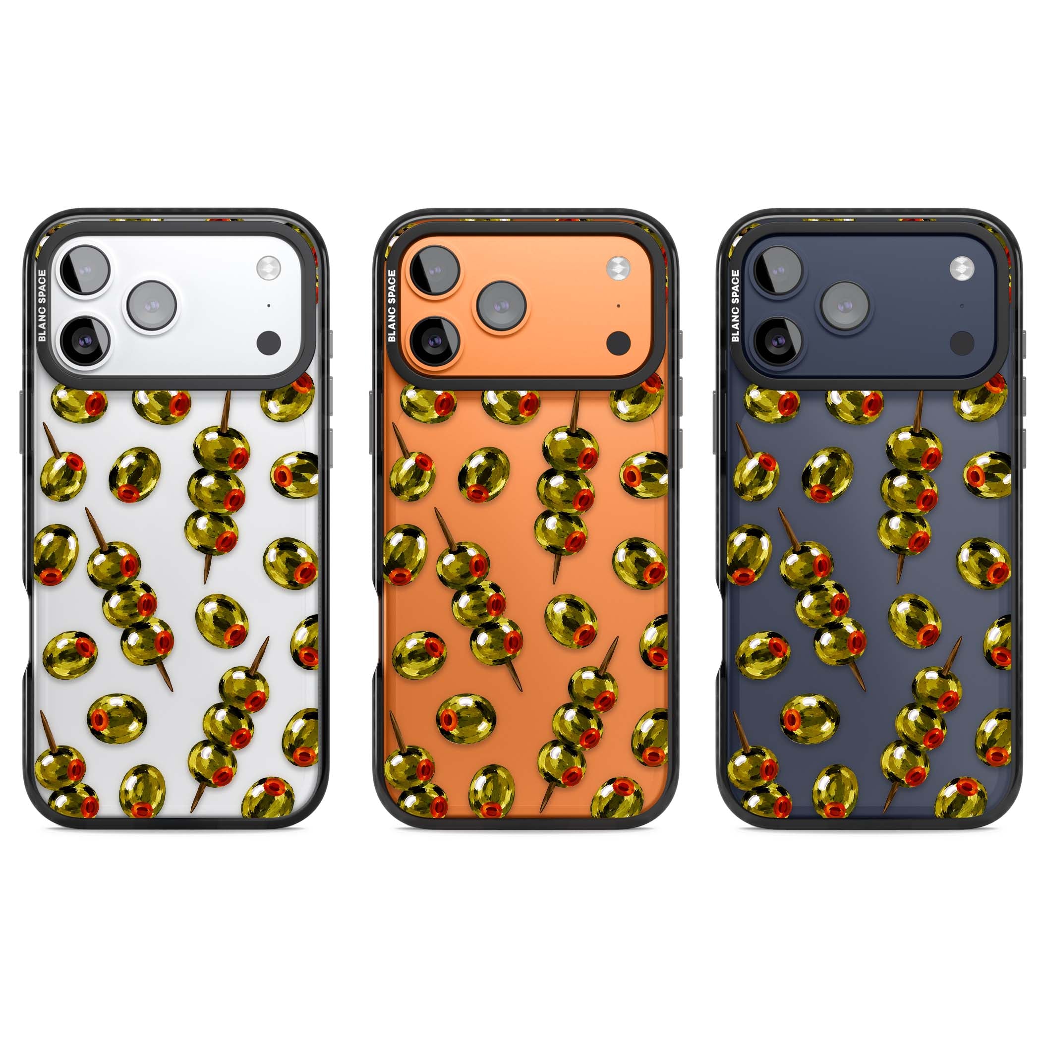 Painted Olives cocktail iPhone case featuring green olives, pimento centres and toothpick skewers on a clear background | Clear Impact case for iPhone 17 Pro, iPhone 17 Pro Max