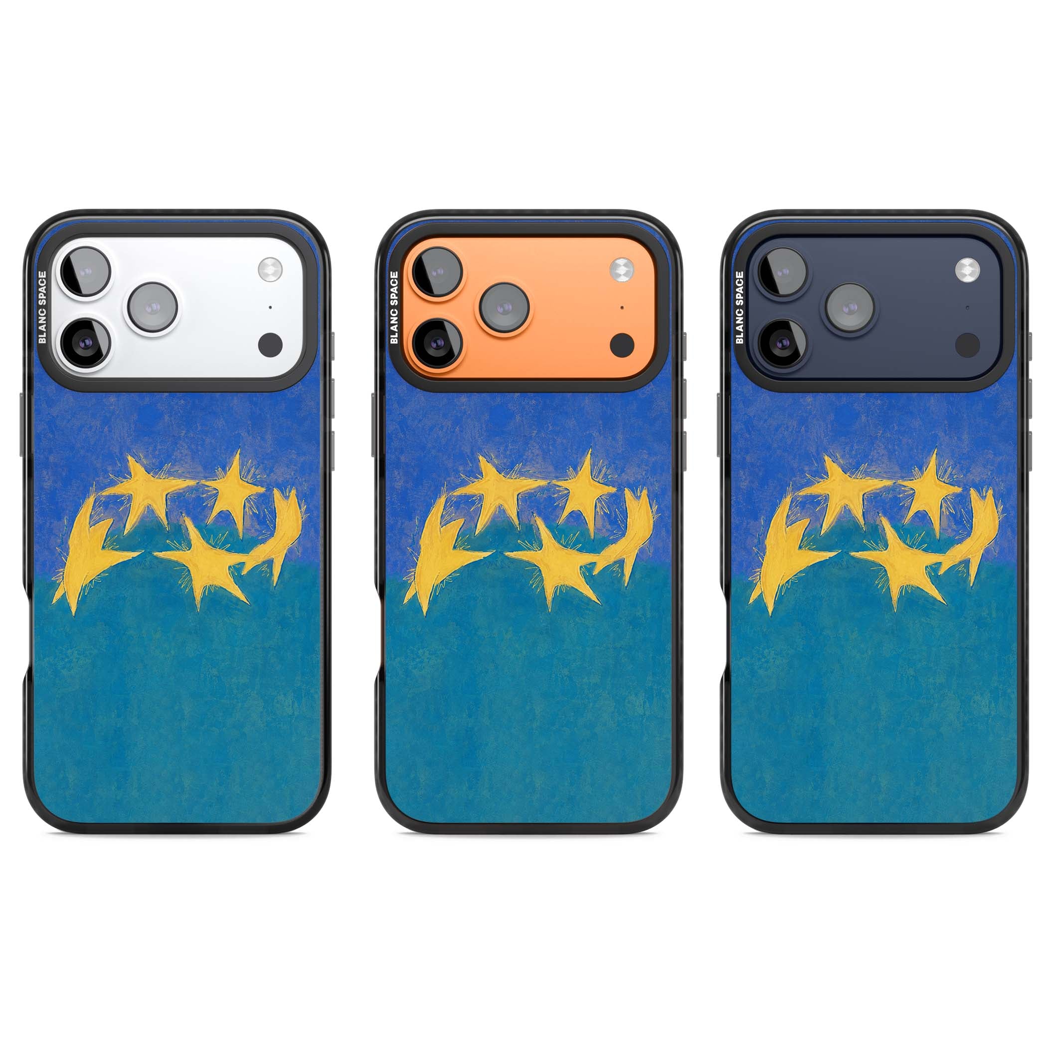 Star Boogie stars aesthetic iPhone case featuring five yellow hand-painted stars on cobalt blue and teal | Clear Impact case for iPhone 17 Pro, iPhone 17 Pro Max