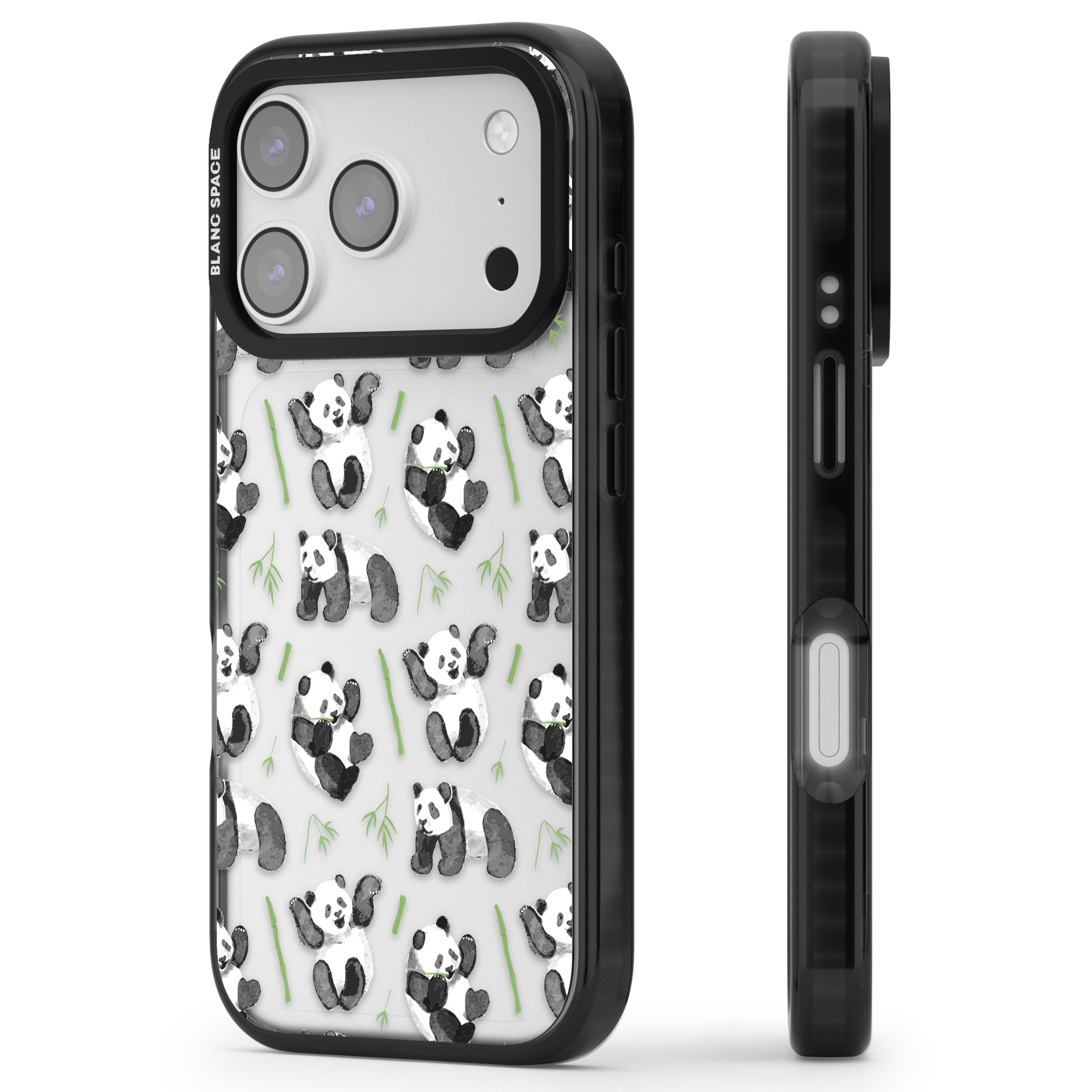 Watercolour Panda Pattern iPhone 17 Pro Impact Black Phone Case Side Profile