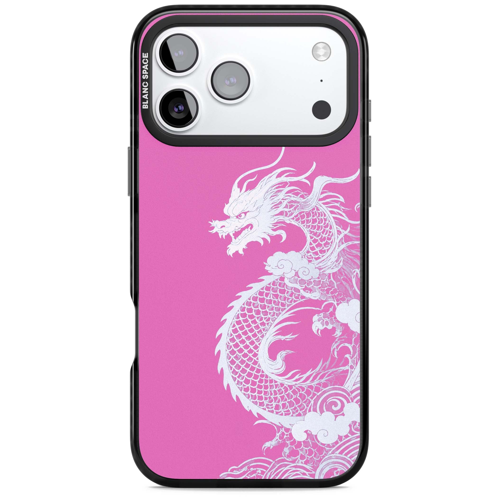 Pink Empress chinese dragon iPhone case featuring a white dragon, swirling clouds and pink dragon wallpaper backdrop | Clear Impact case for iPhone 17 Pro, iPhone 17 Pro Max