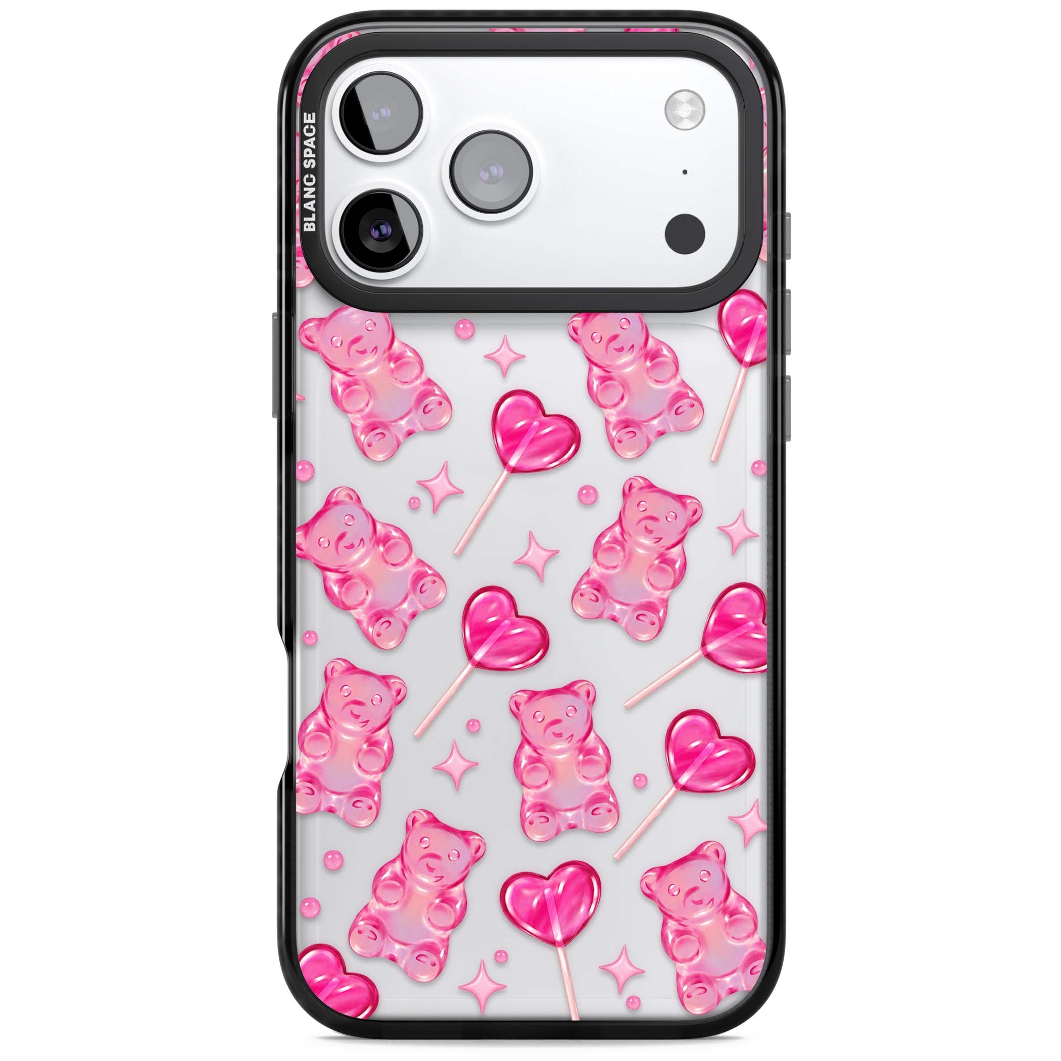Pink Sugar pinkcore iPhone case featuring pink gummy bears, heart-shaped lollipops and sparkle stars | Clear Impact case for iPhone 17 Pro, iPhone 17 Pro Max