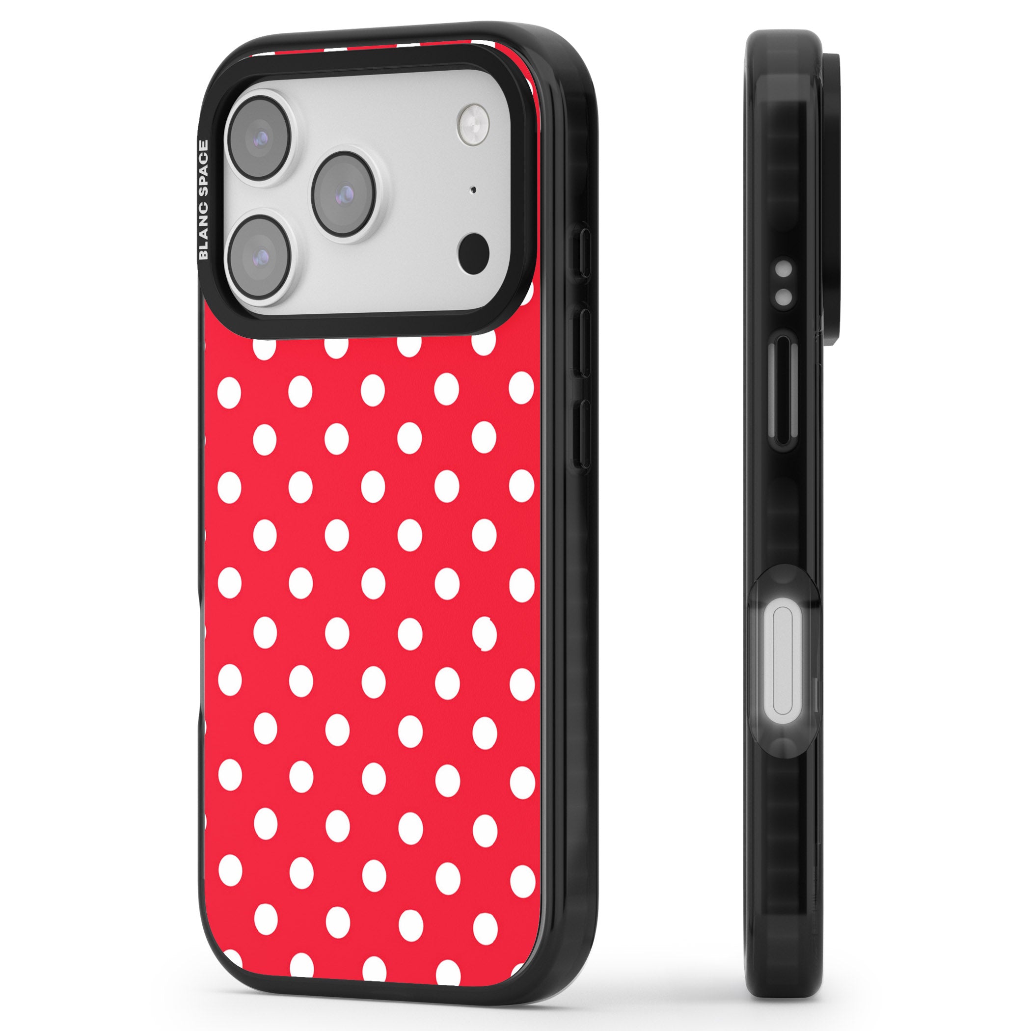 Designer Lava Red Polka Dot iPhone 17 Pro Impact Black Phone Case Side Profile