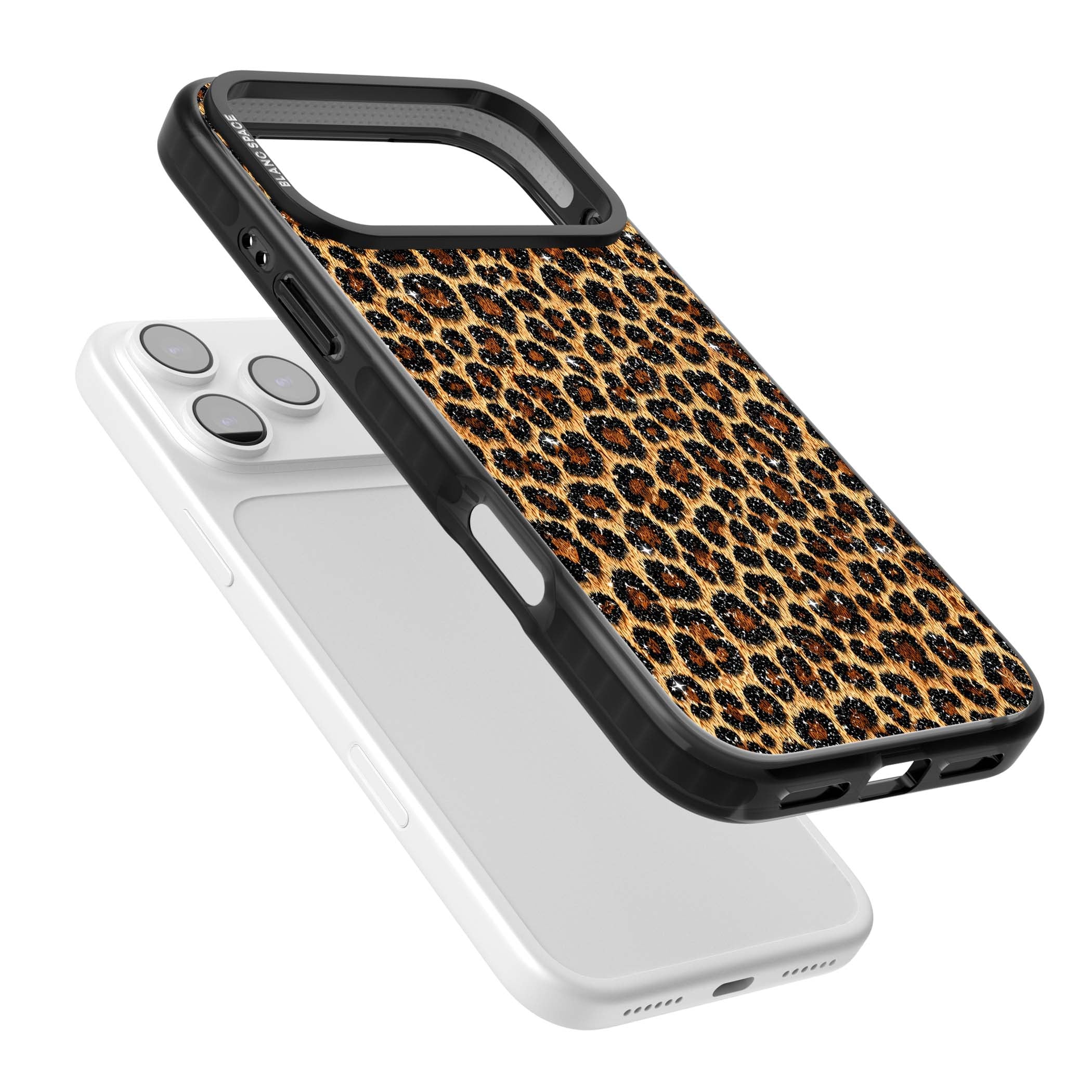 Diamond Leopard leopard print iPhone case featuring golden tan fur, black rosette spots and subtle glitter sparkle | Clear Impact case for iPhone 17 Pro, iPhone 17 Pro Max