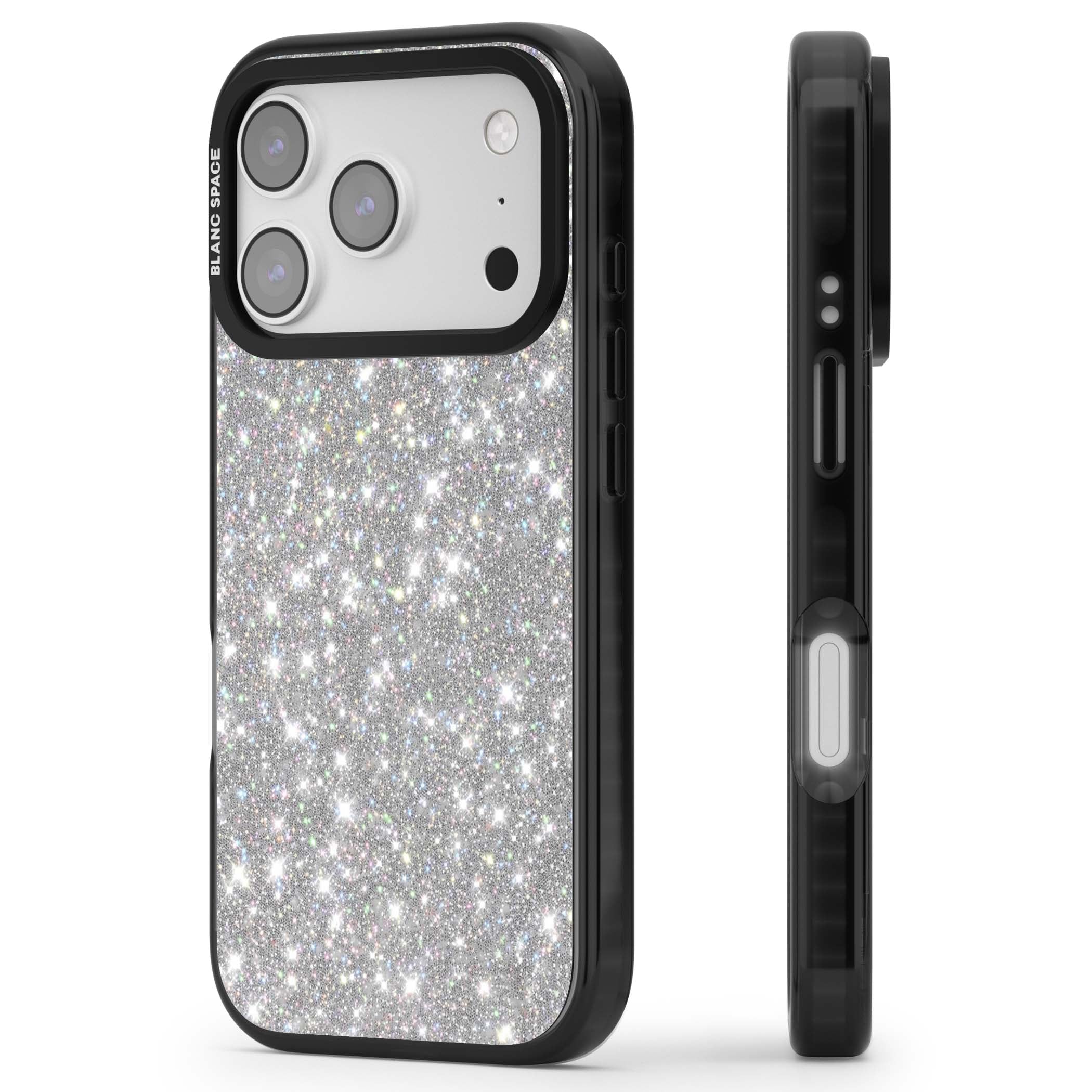 Diamond glam iPhone case featuring silver glitter sparkle and shimmering diamond dust effect | Clear Impact case for iPhone 17 Pro, iPhone 17 Pro Max