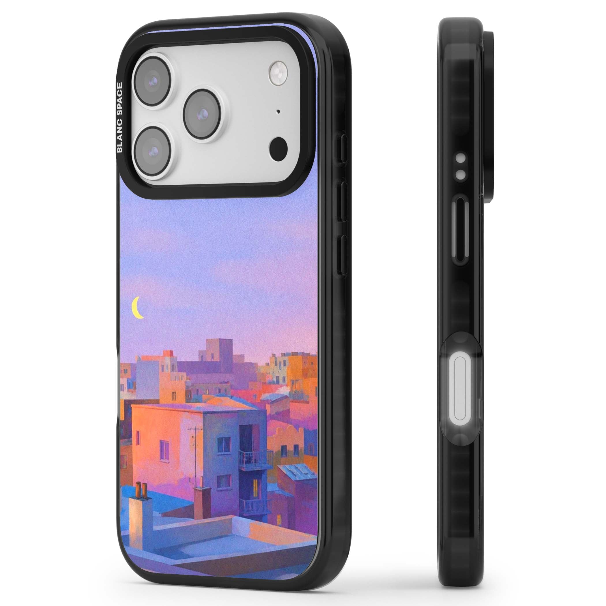 Twilight Rooftops vaporwave iPhone case featuring a pastel sunset cityscape, painted rooftops and a crescent moon. | Clear Impact case for iPhone 17 Pro, iPhone 17 Pro Max