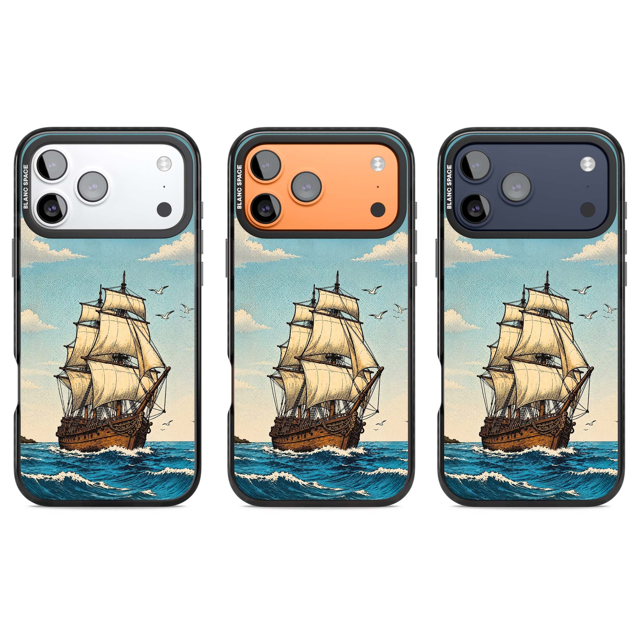 Ship at Sea nautical iPhone case featuring a vintage tall ship, ocean waves and seagulls | Clear Impact case for iPhone 17 Pro, iPhone 17 Pro Max