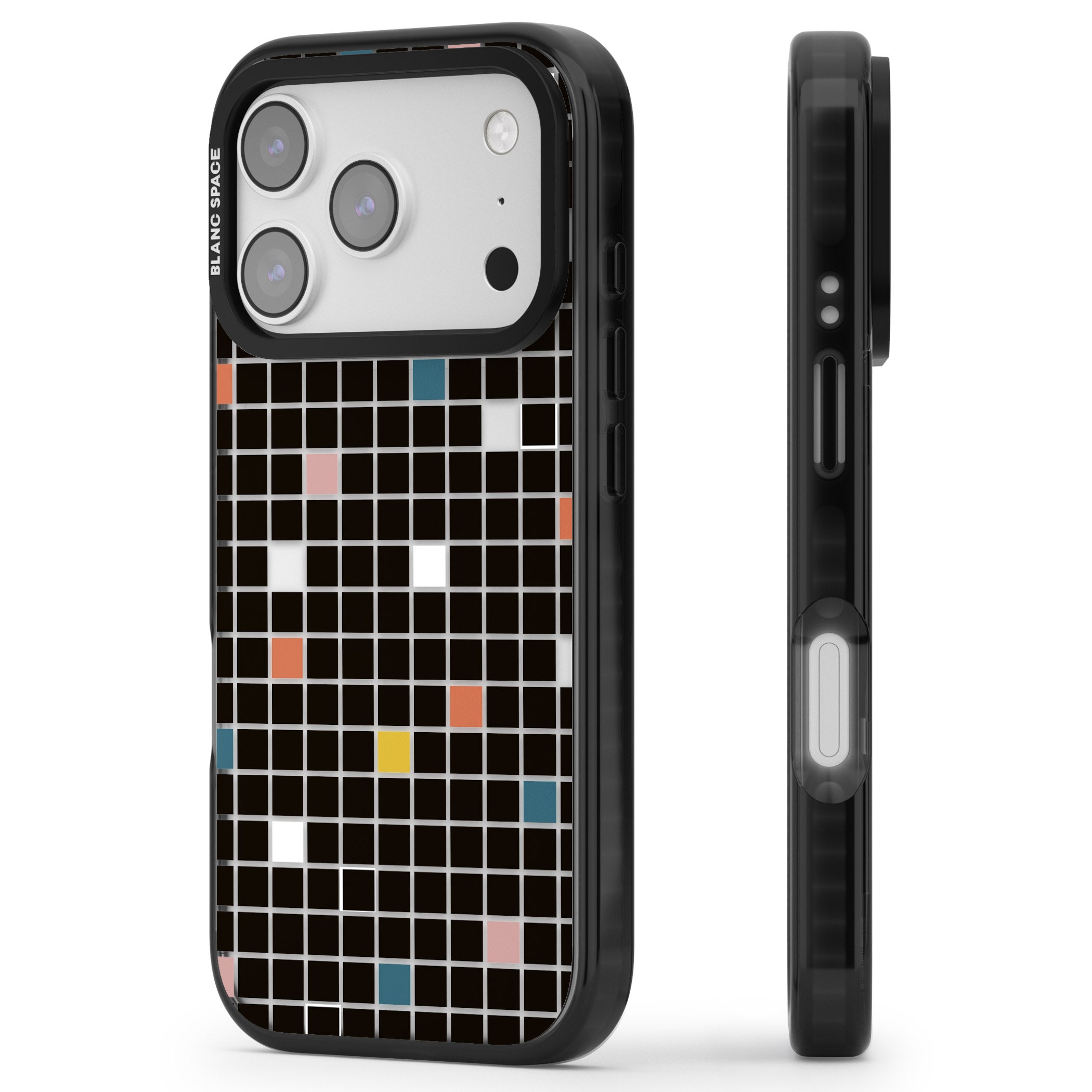 Earthtone Black Geometric Grid iPhone 17 Pro Max Impact Black Phone Case Side Profile