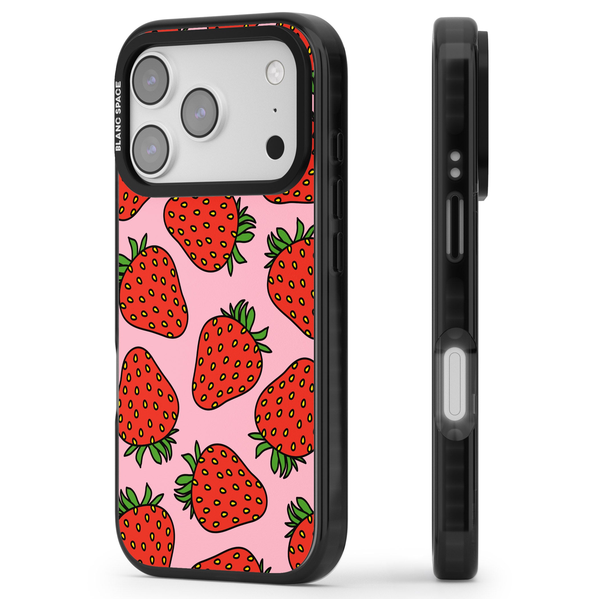 Strawberry Pattern (Pink) iPhone 17 Pro Impact Black Phone Case Side Profile