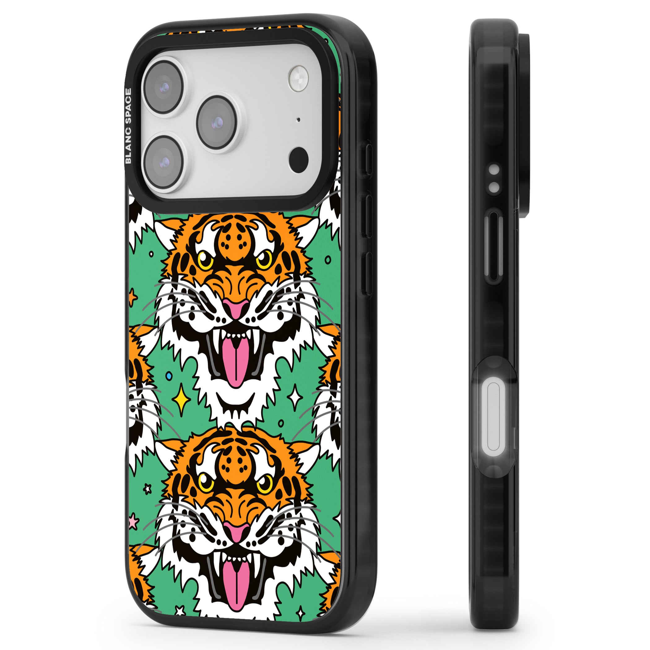 Fierce Jungle Tigers (Green) iPhone 17 Pro Impact Black Phone Case Side Profile