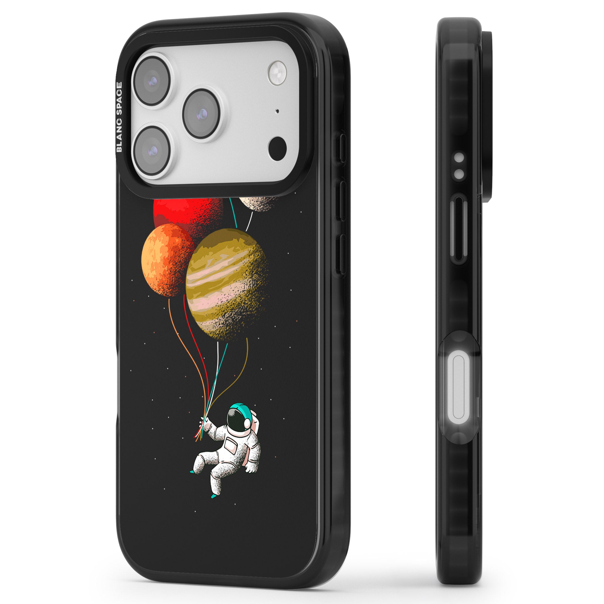 Astronaut Balloon Planets iPhone 17 Pro Impact Black Phone Case Side Profile