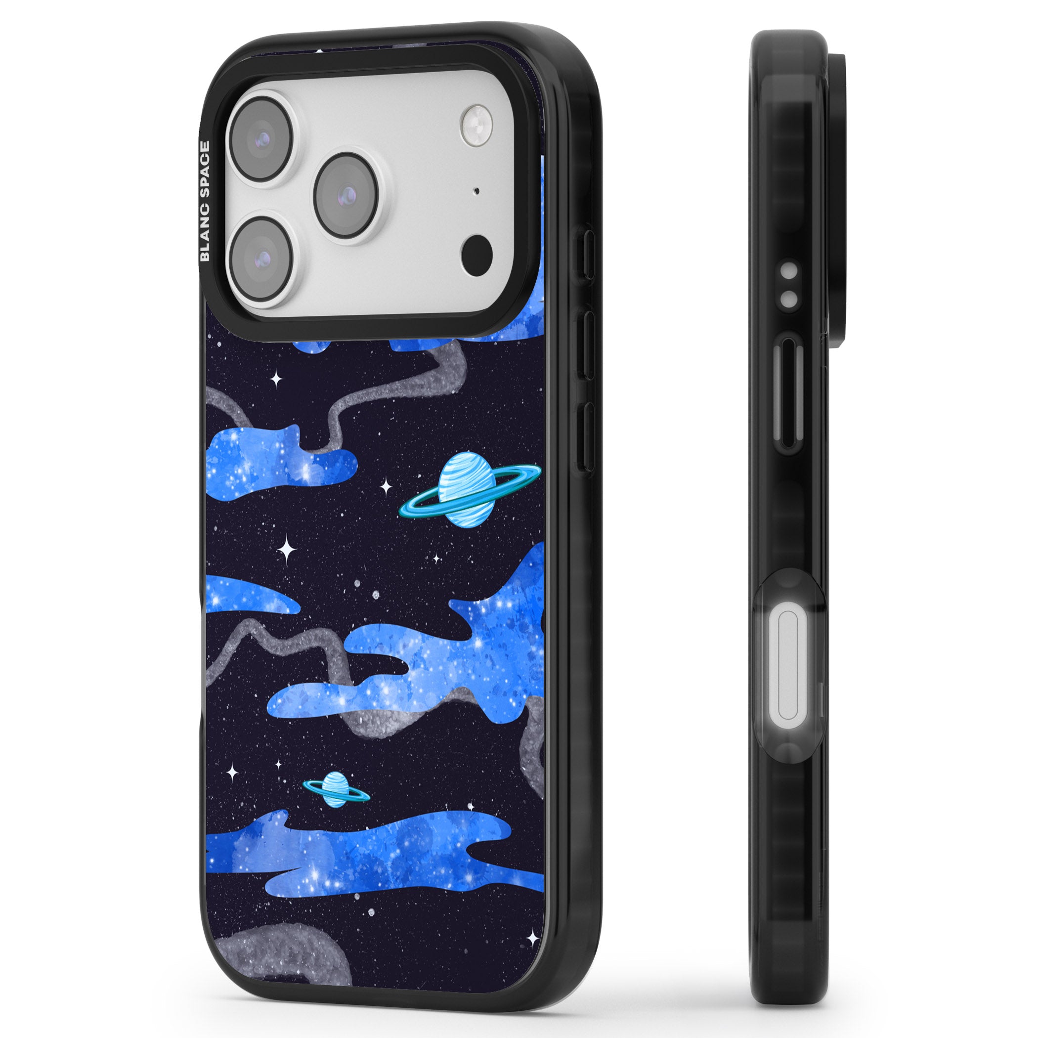 Blue Galaxy iPhone 17 Pro Max Impact Black Phone Case Side Profile