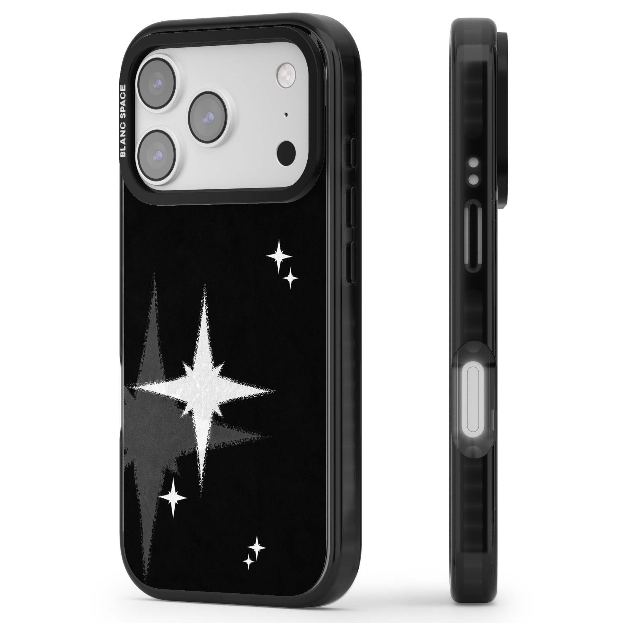 Black Sparkle celestial iPhone case featuring white sparkle stars on a black night sky background | Clear Impact case for iPhone 17 Pro, iPhone 17 Pro Max