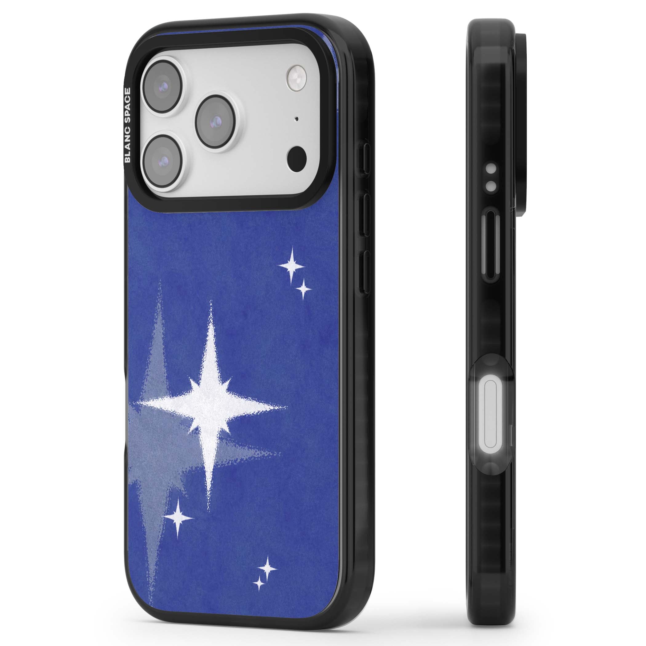 Blue Sparkle celestial iPhone case featuring sparkling silver stars on a deep blue painterly night sky | Clear Impact case for iPhone 17 Pro, iPhone 17 Pro Max